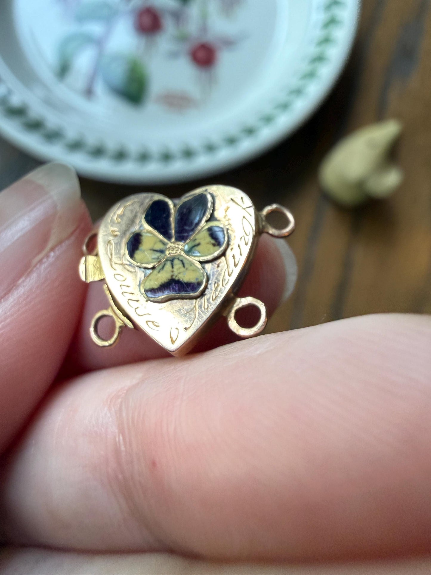 Louise's HEART from c1809 Pansy Floral Figural CLASP Pendant Purple Yellow Enamel Georgian Era 18k Gold Solid Engraved Bracelet Charm Parts