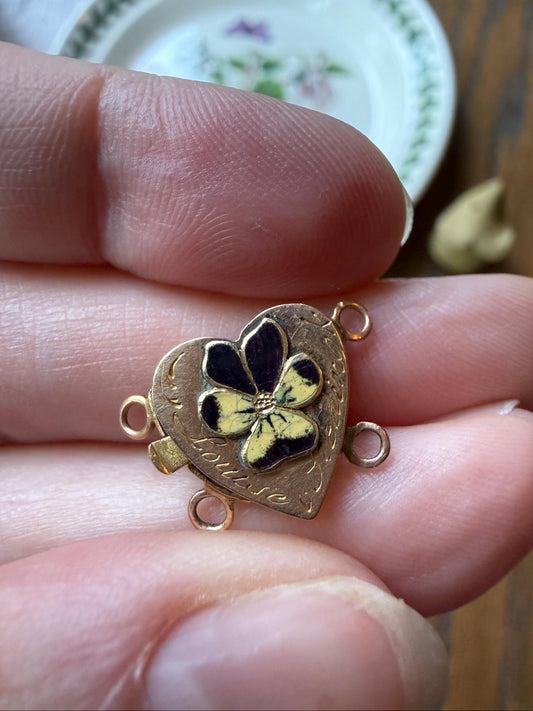 Louise's HEART from c1809 Pansy Floral Figural CLASP Pendant Purple Yellow Enamel Georgian Era 18k Gold Solid Engraved Bracelet Charm Parts