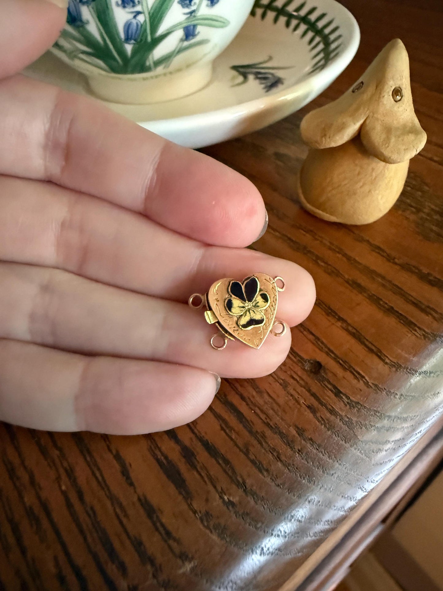Louise's HEART from c1809 Pansy Floral Figural CLASP Pendant Purple Yellow Enamel Georgian Era 18k Gold Solid Engraved Bracelet Charm Parts