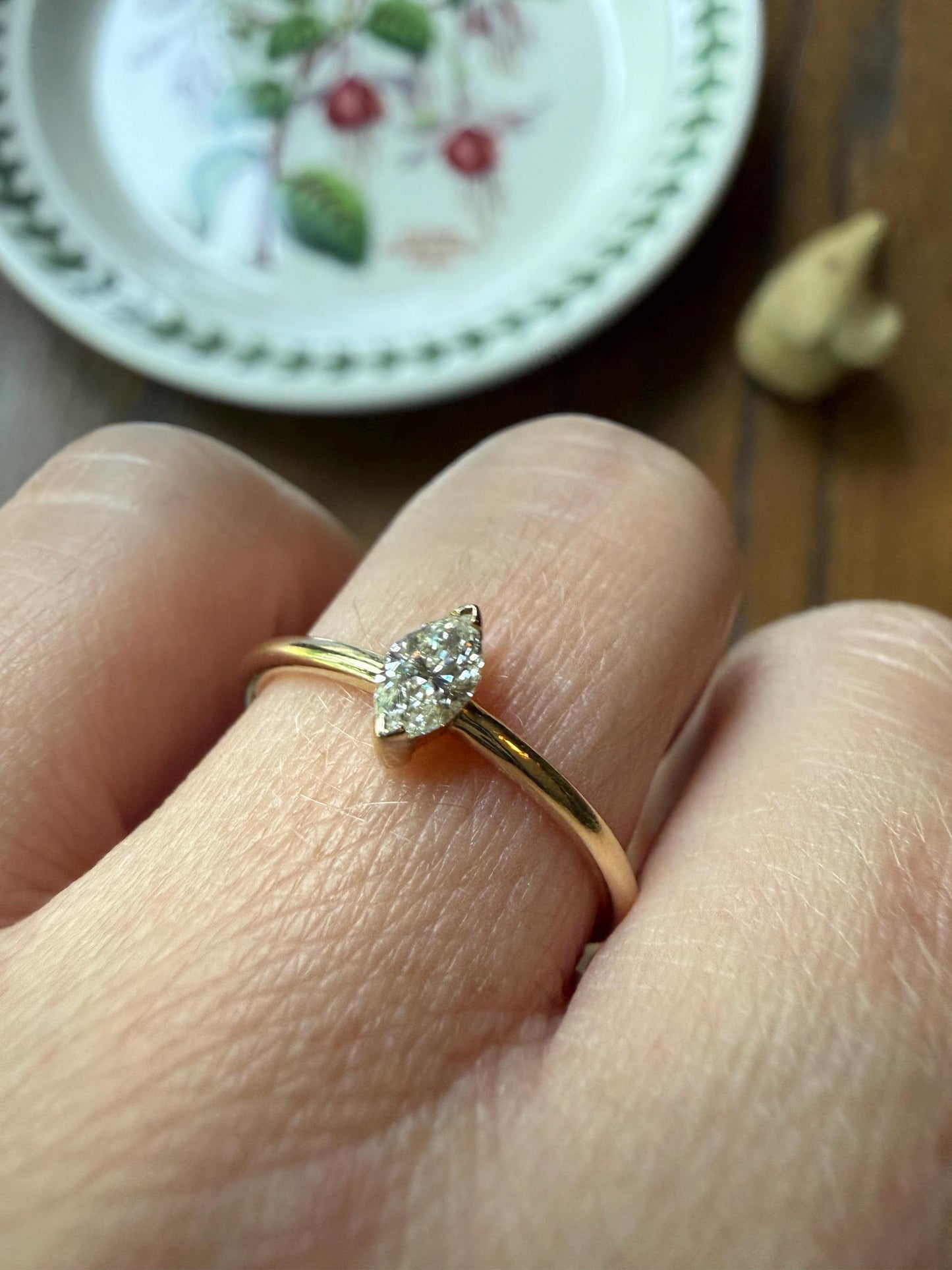 Vintage Sweetie Natural Marquise Navette Cut Diamond Ring on 14k Gold Donut Band Skinny Stacker Minimalist Engagement Pinky Ring