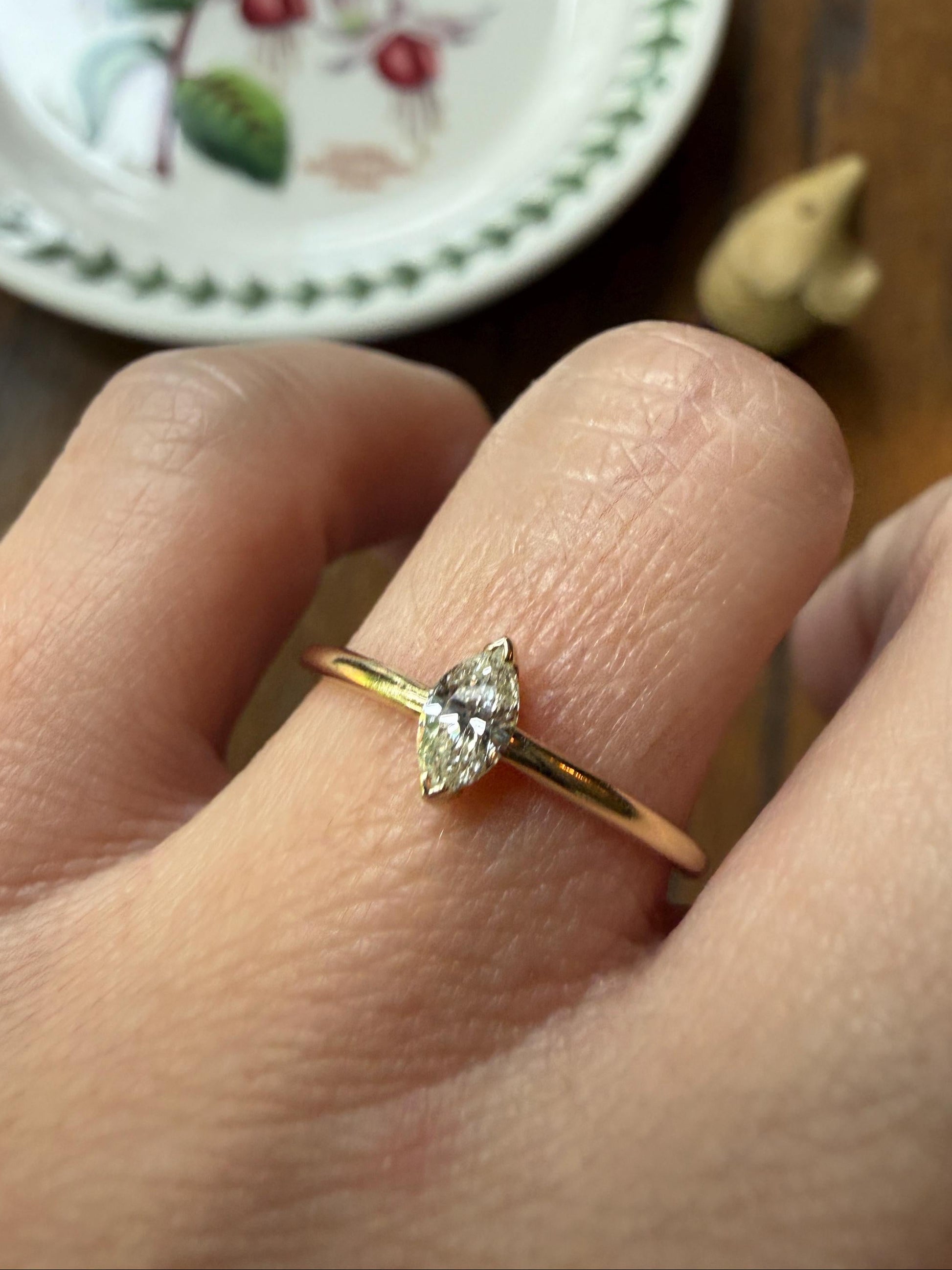 Vintage Sweetie Natural Marquise Navette Cut Diamond Ring on 14k Gold Donut Band Skinny Stacker Minimalist Engagement Pinky Ring