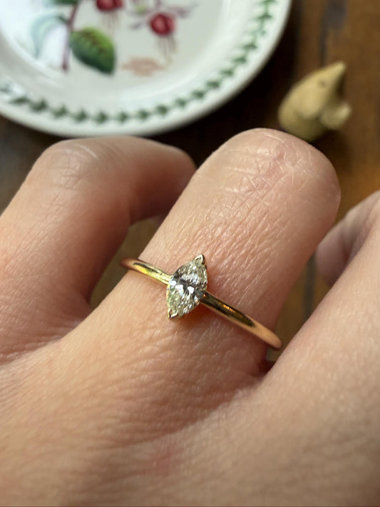 Vintage Sweetie Natural Marquise Navette Cut Diamond Ring on 14k Gold Donut Band Skinny Stacker Minimalist Engagement Pinky Ring