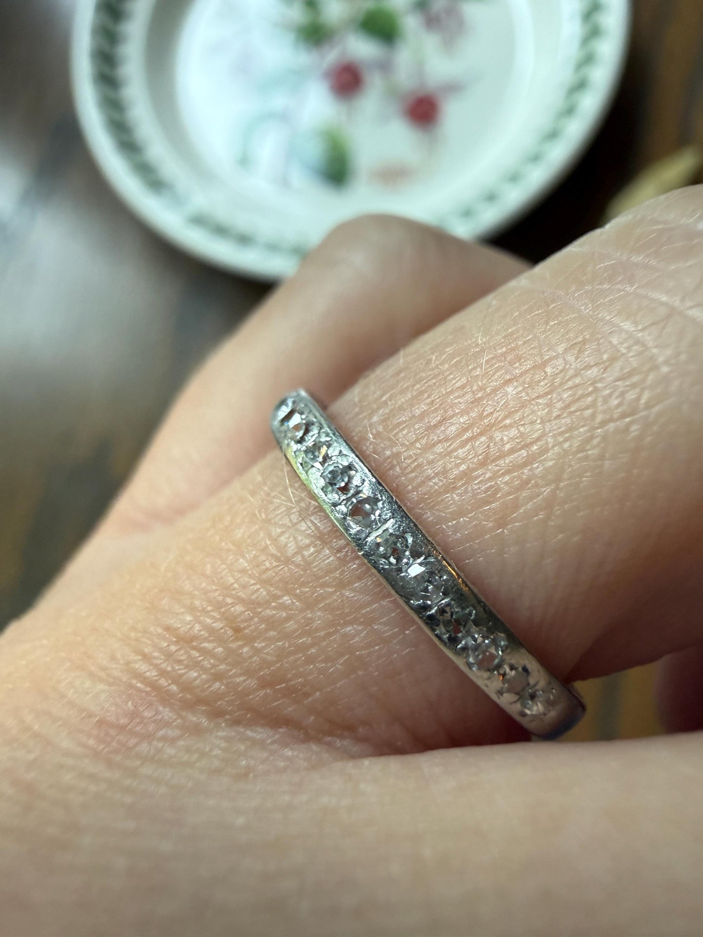 DATED 12/3 1930 Old Mine Single Cut Diamond Half Hoop PLATINUM Vintage Art Deco Stacker Skinny Wedding Band Engraved