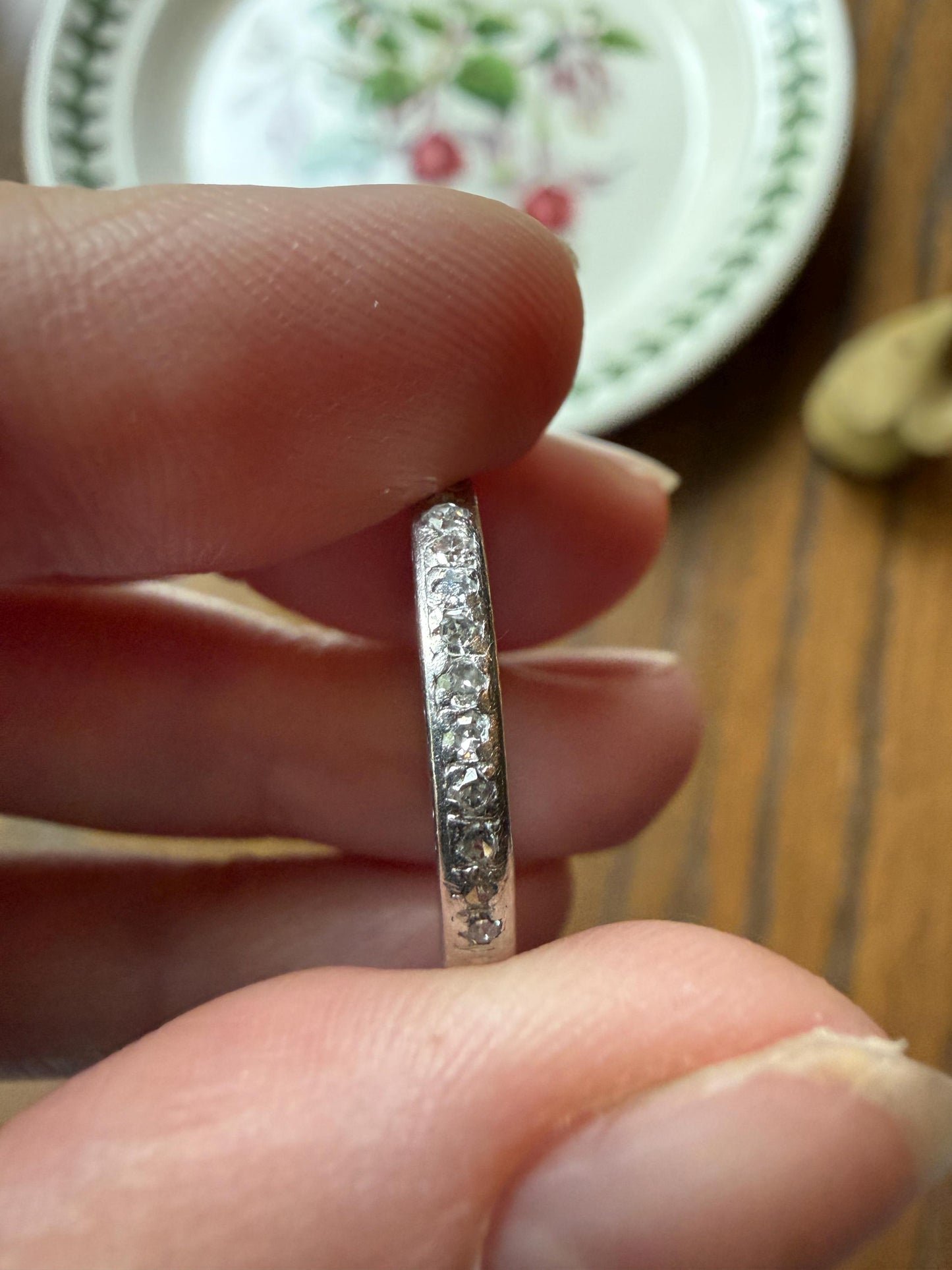 DATED 12/3 1930 Old Mine Single Cut Diamond Half Hoop PLATINUM Vintage Art Deco Stacker Skinny Wedding Band Engraved