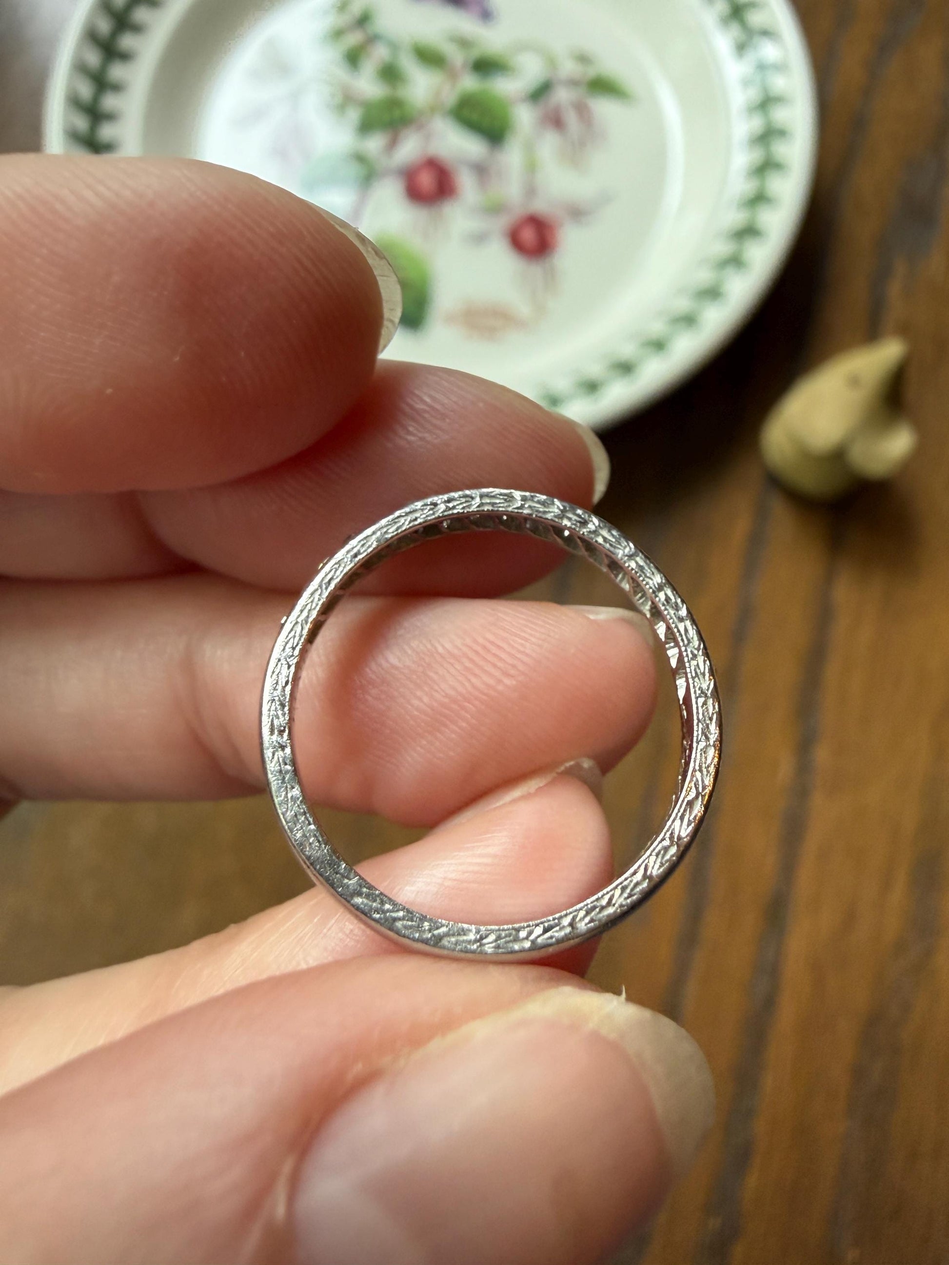 DATED 12/3 1930 Old Mine Single Cut Diamond Half Hoop PLATINUM Vintage Art Deco Stacker Skinny Wedding Band Engraved