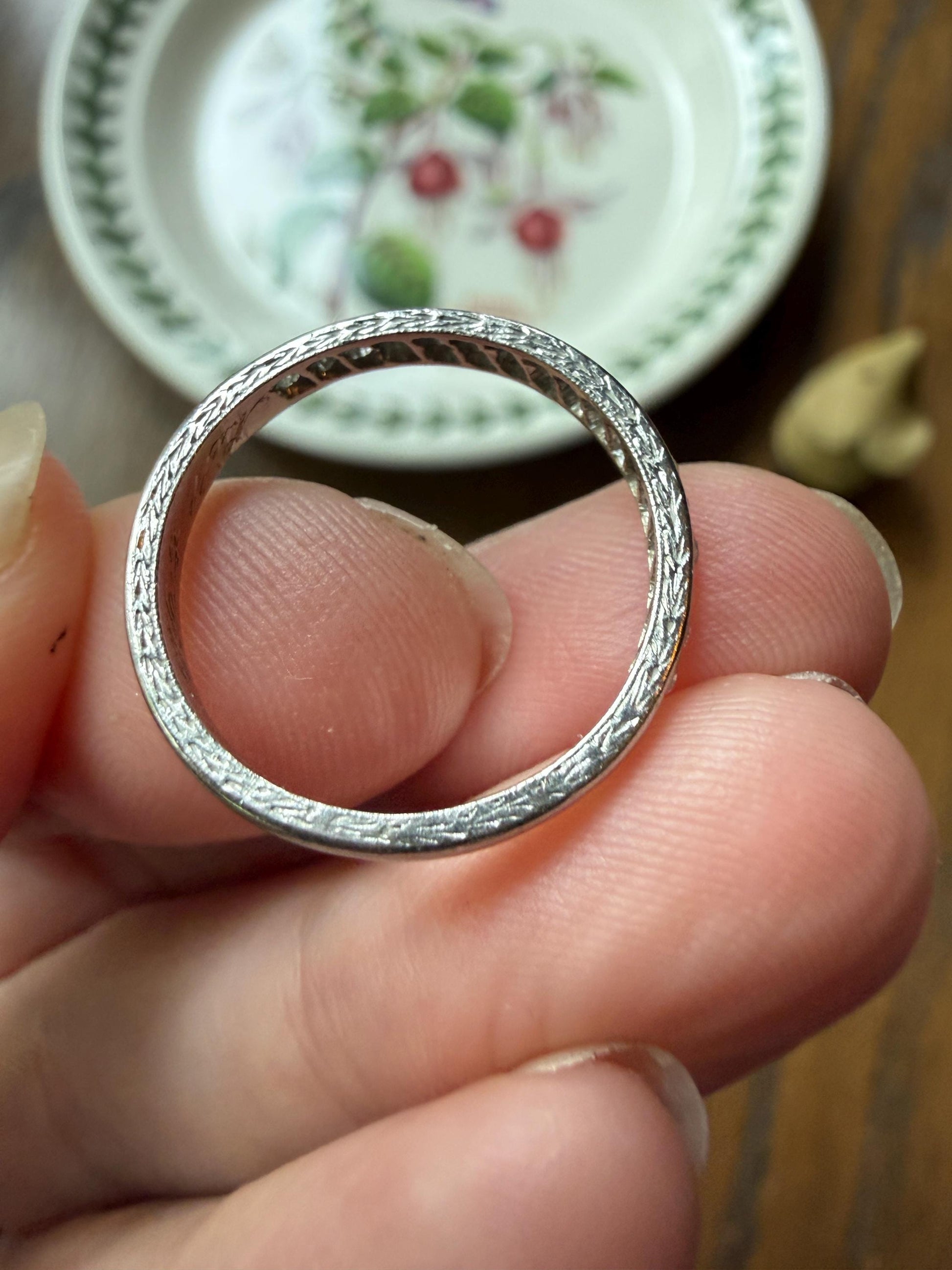DATED 12/3 1930 Old Mine Single Cut Diamond Half Hoop PLATINUM Vintage Art Deco Stacker Skinny Wedding Band Engraved