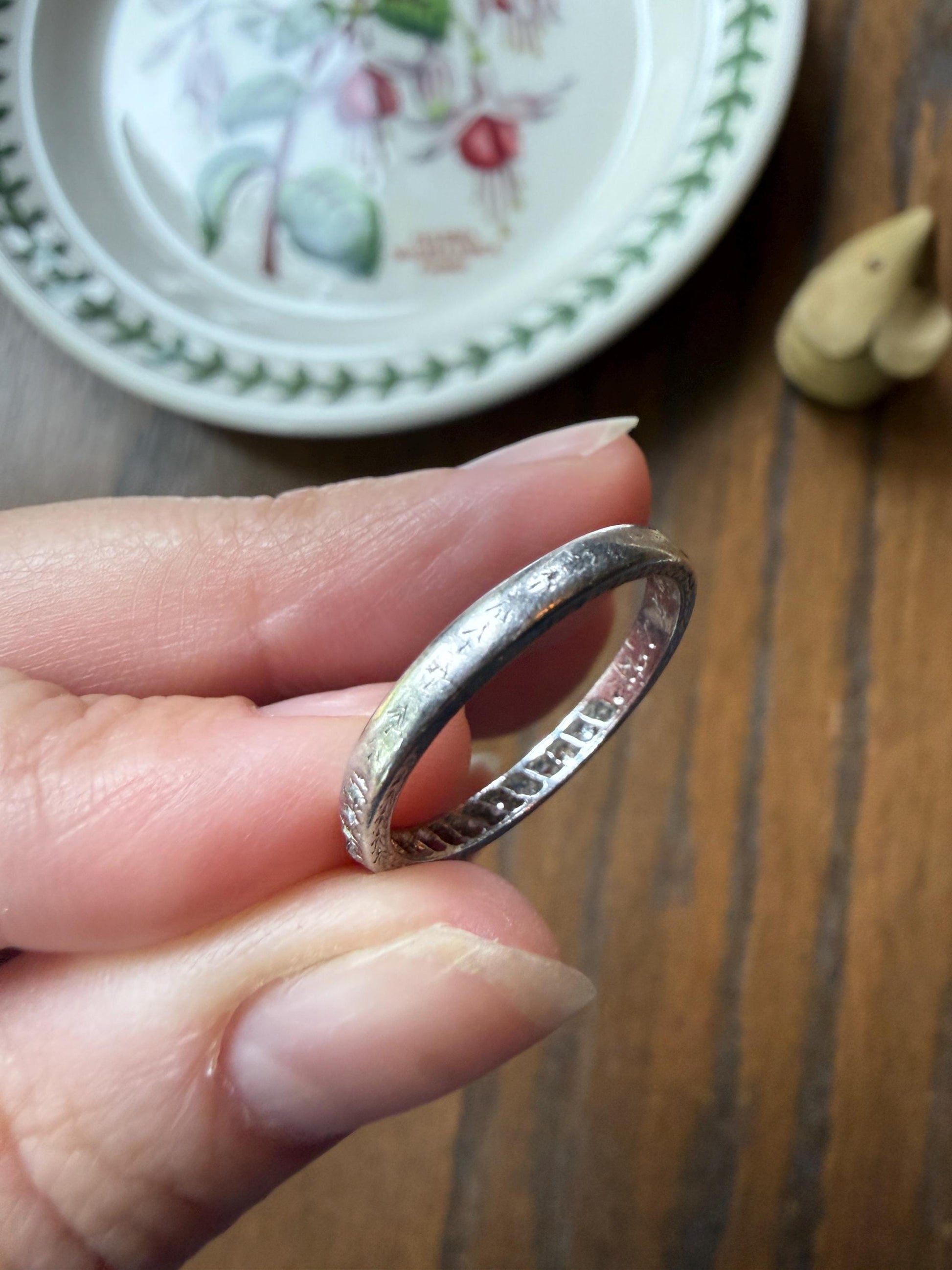 DATED 12/3 1930 Old Mine Single Cut Diamond Half Hoop PLATINUM Vintage Art Deco Stacker Skinny Wedding Band Engraved