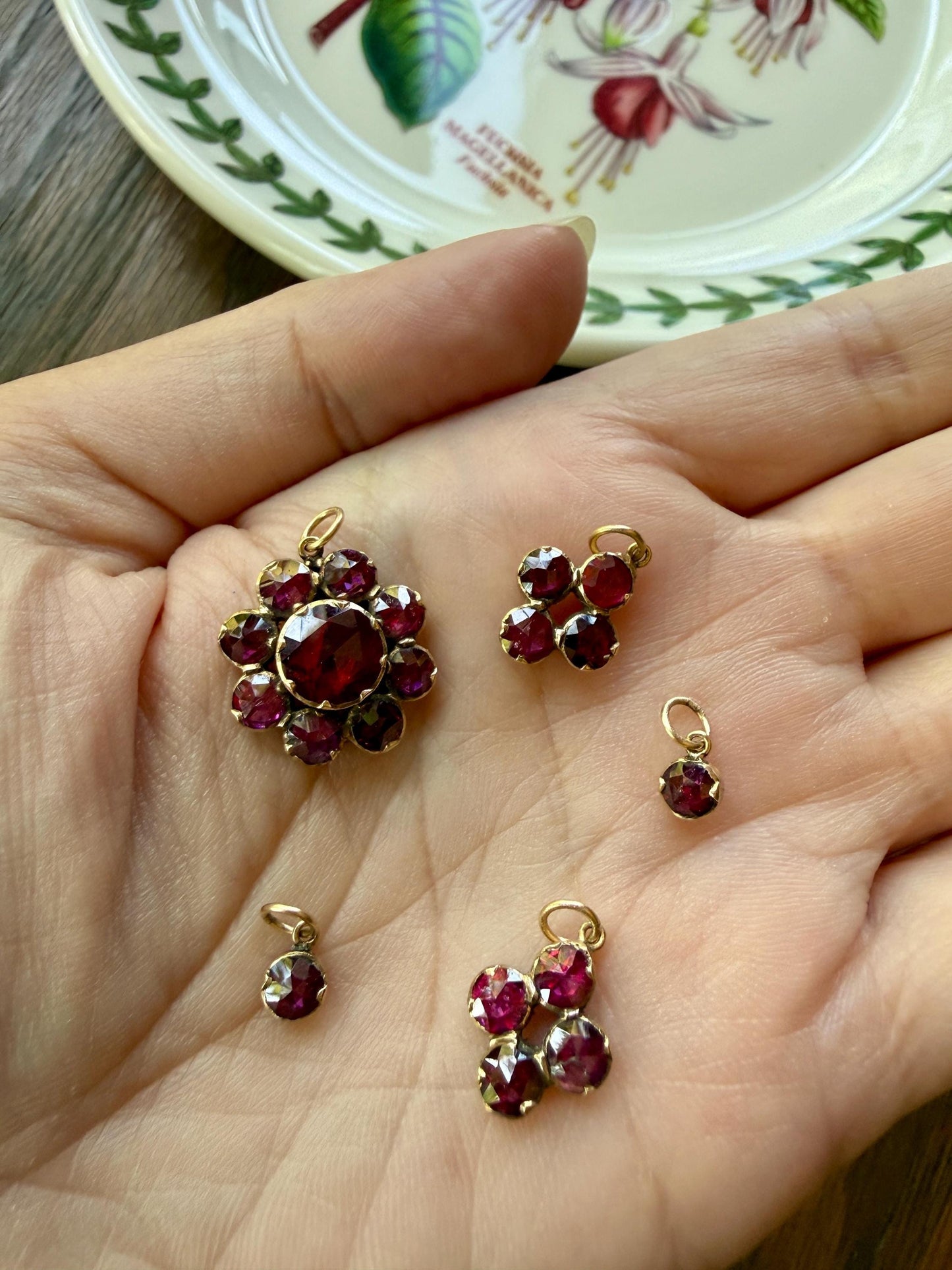 Large Floral Daisy Cluster ANTIQUE Juicy Perpignan GARNET Pendant Bracelet Charm 18k 14k Gold Victorian Minimalist Glowing Pink Red Purple