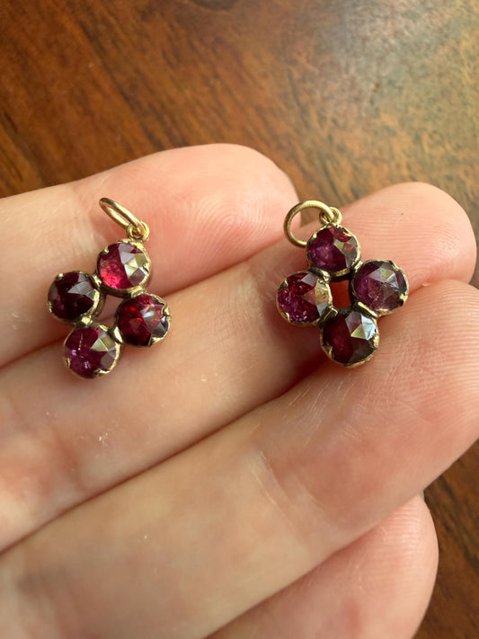 Quatrefoil Cluster One ANTIQUE Juicy Perpignan GARNET Pendant Bracelet Charm 18k 14k Gold Victorian Minimalist Glowing Pink Red Purple
