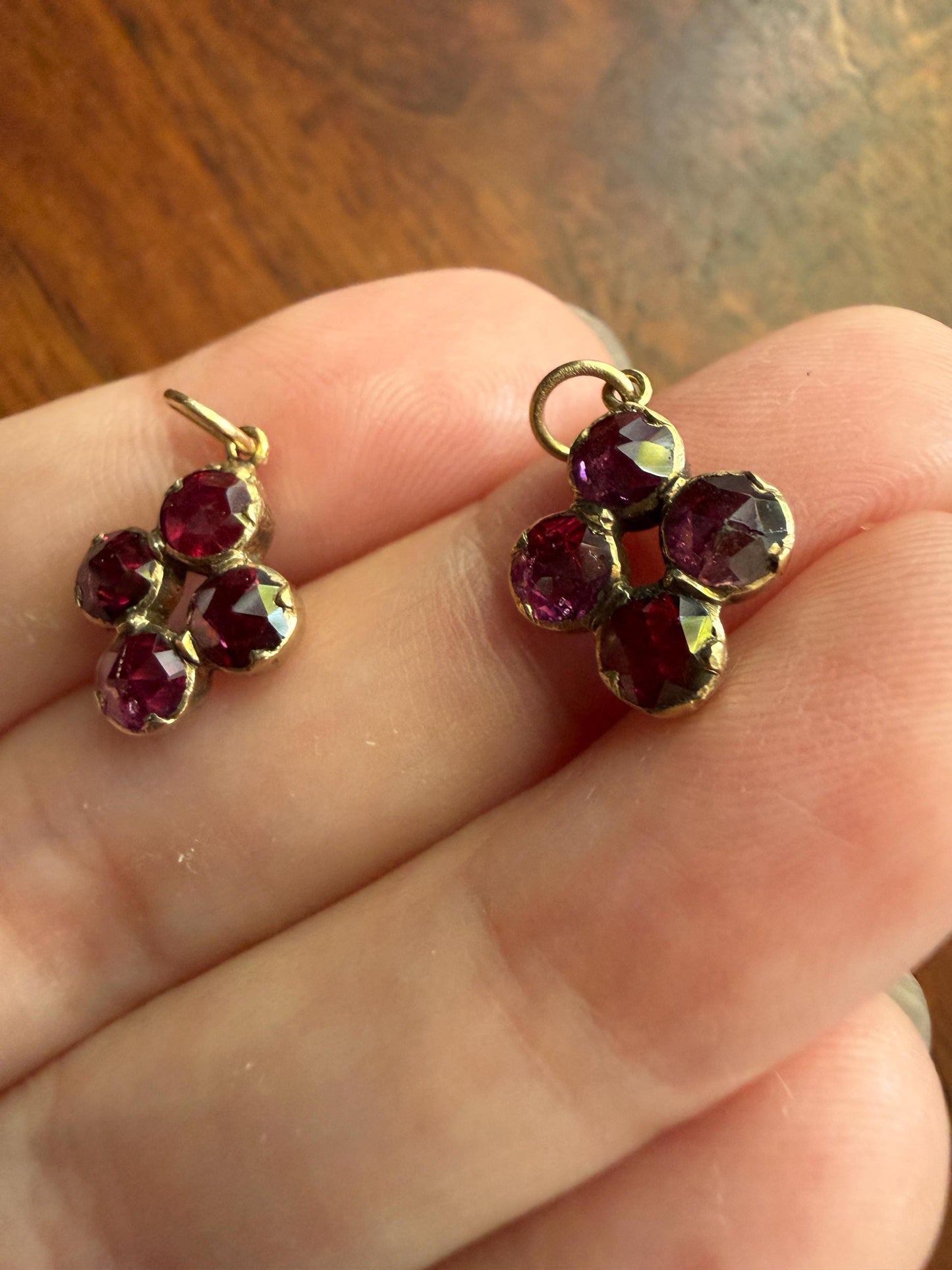 Quatrefoil Cluster One ANTIQUE Juicy Perpignan GARNET Pendant Bracelet Charm 18k 14k Gold Victorian Minimalist Glowing Pink Red Purple