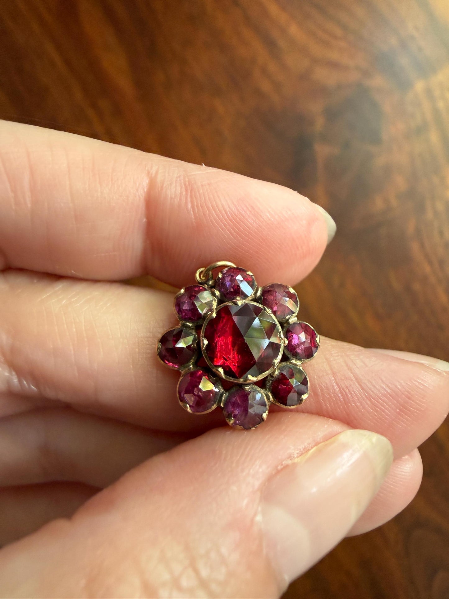 Large Floral Daisy Cluster ANTIQUE Juicy Perpignan GARNET Pendant Bracelet Charm 18k 14k Gold Victorian Minimalist Glowing Pink Red Purple