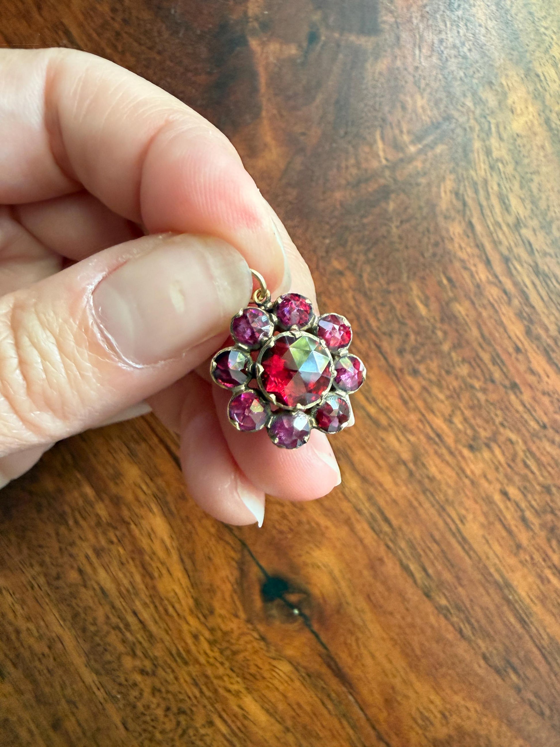 Large Floral Daisy Cluster ANTIQUE Juicy Perpignan GARNET Pendant Bracelet Charm 18k 14k Gold Victorian Minimalist Glowing Pink Red Purple
