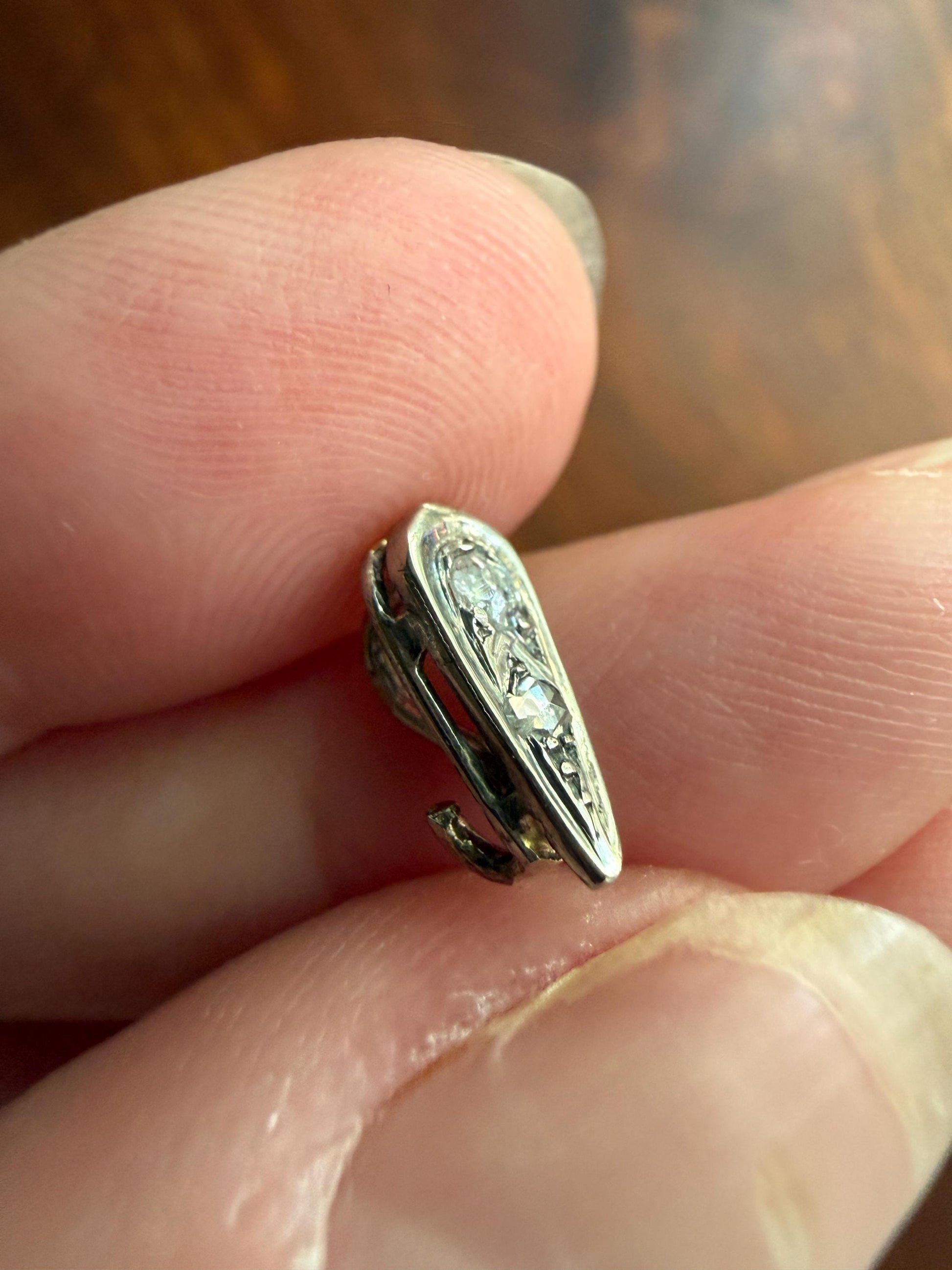 French Art Deco Old Mine & Rose Cut Diamond Bale Teardrop Pendant Charm Holder Original Parts Findings Vintage Connector