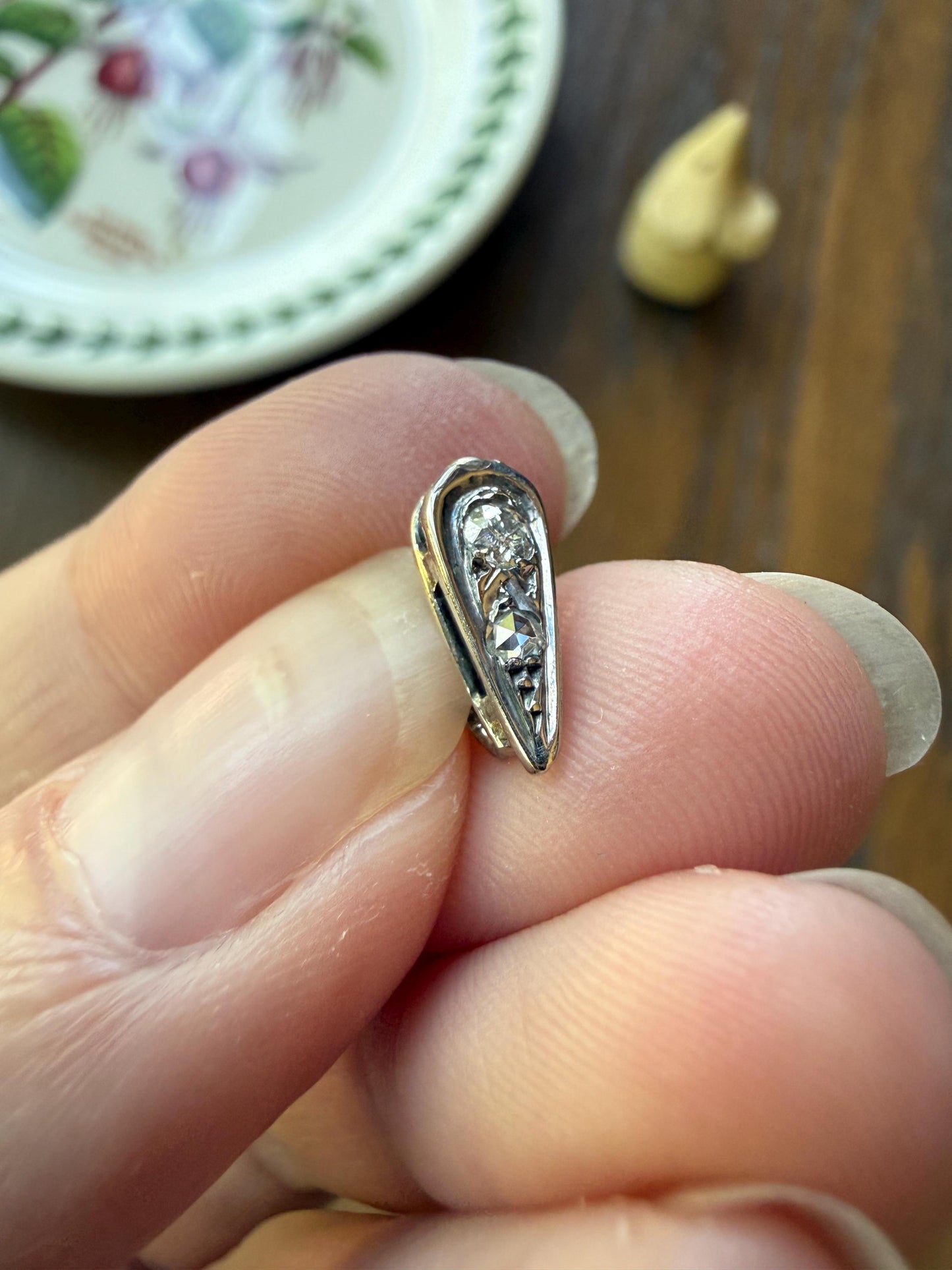 French Art Deco Old Mine & Rose Cut Diamond Bale Teardrop Pendant Charm Holder Original Parts Findings Vintage Connector