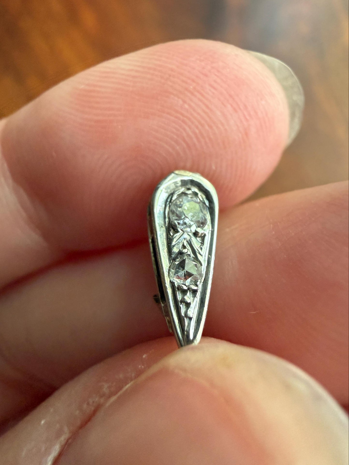 French Art Deco Old Mine & Rose Cut Diamond Bale Teardrop Pendant Charm Holder Original Parts Findings Vintage Connector