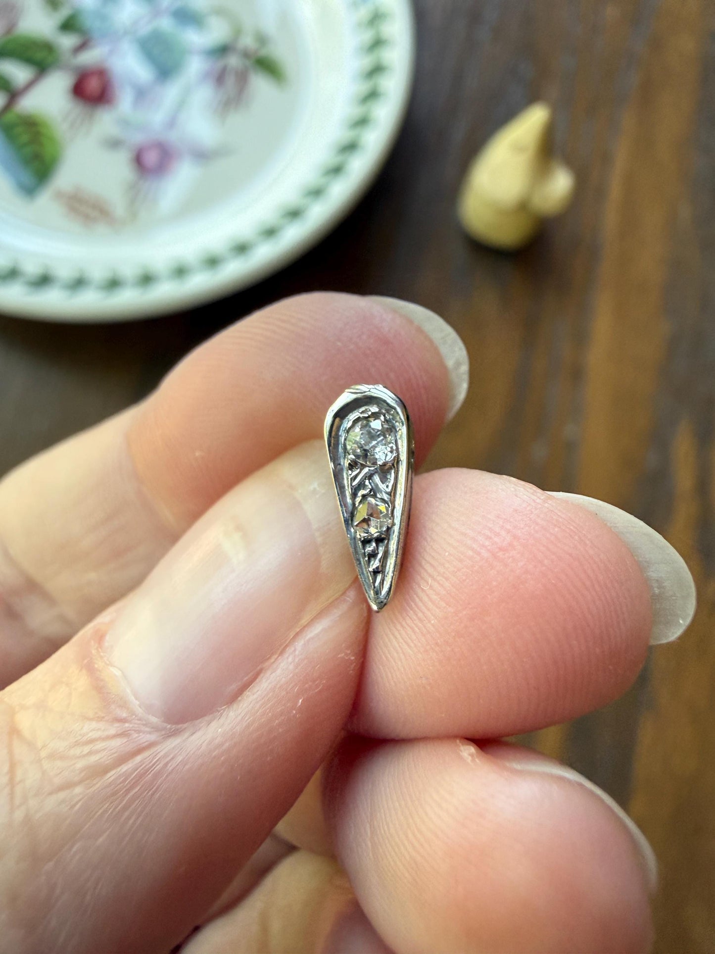 French Art Deco Old Mine & Rose Cut Diamond Bale Teardrop Pendant Charm Holder Original Parts Findings Vintage Connector