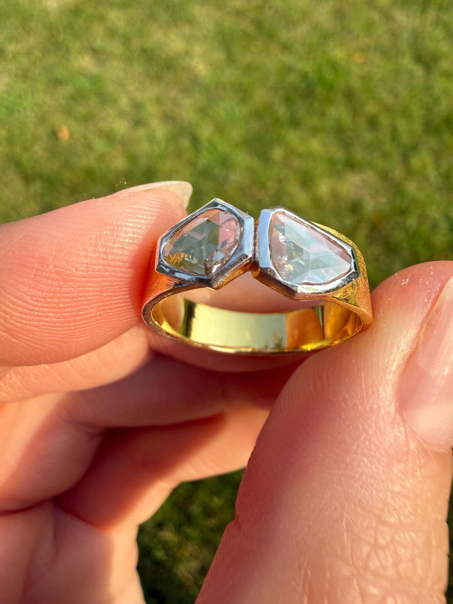 Vintage Hexagon Kite Rose Cut Diamond Cigar Band Ring French Silver Gold Vermeil Bezel Set Unique Shield Lozenge Wide Toi et Moi Geometric