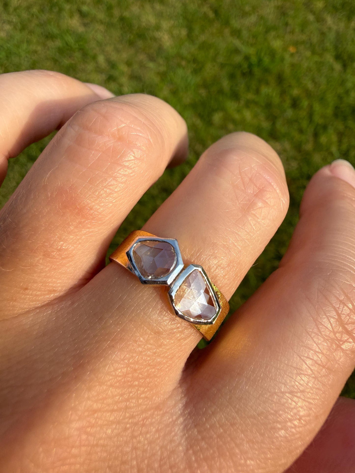 Vintage Hexagon Kite Rose Cut Diamond Cigar Band Ring French Silver Gold Vermeil Bezel Set Unique Shield Lozenge Wide Toi et Moi Geometric