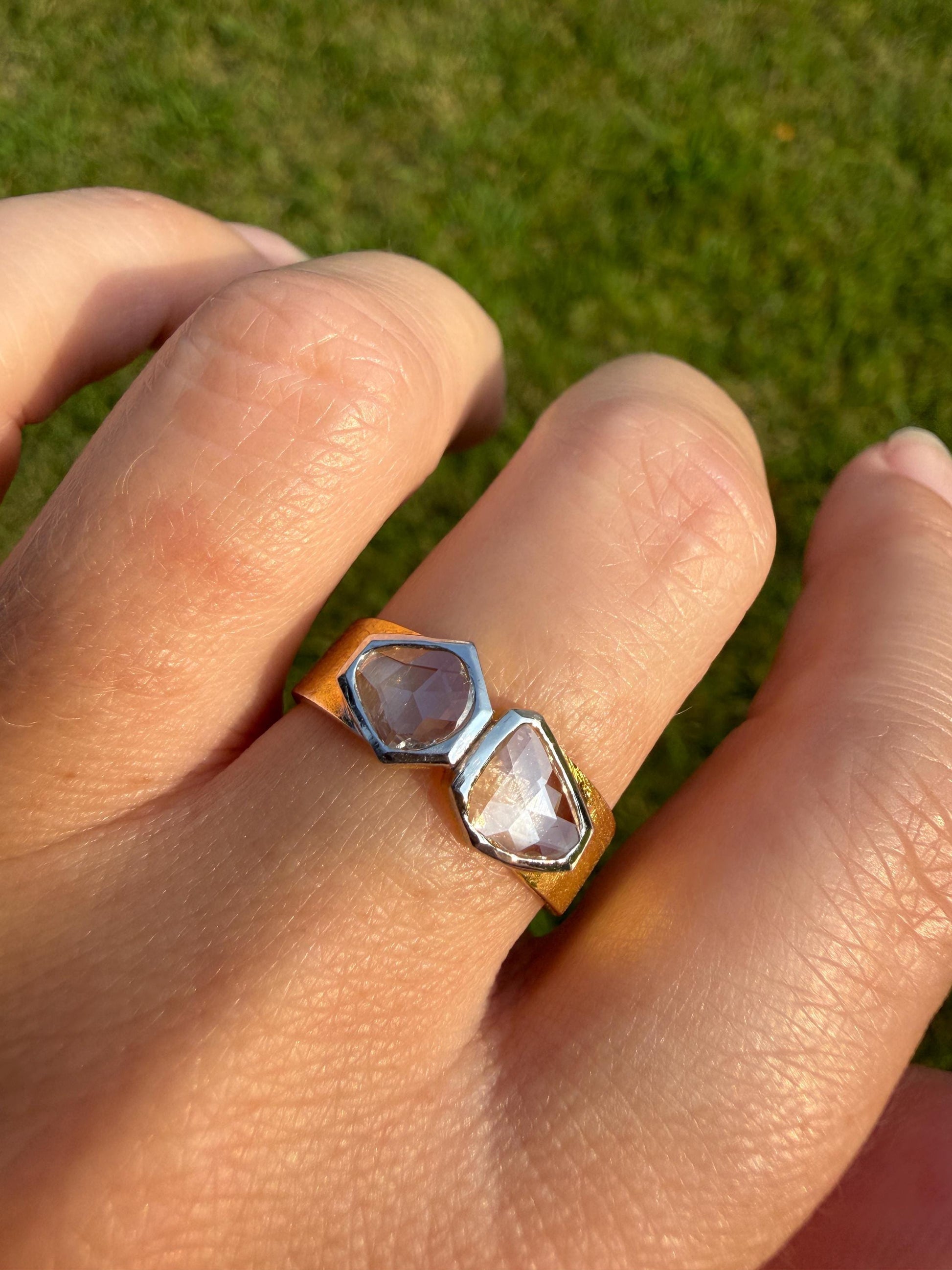 Vintage Hexagon Kite Rose Cut Diamond Cigar Band Ring French Silver Gold Vermeil Bezel Set Unique Shield Lozenge Wide Toi et Moi Geometric