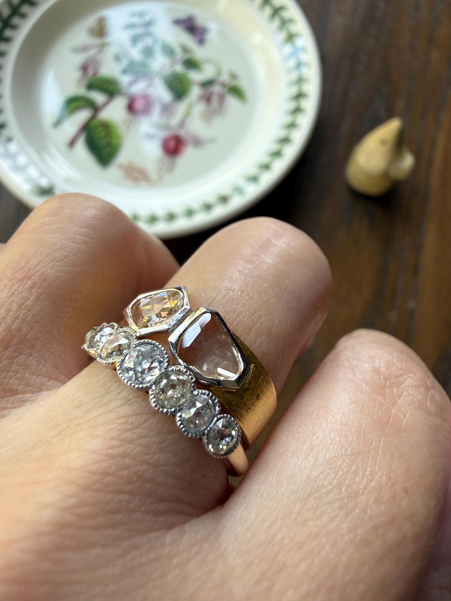 Vintage Hexagon Kite Rose Cut Diamond Cigar Band Ring French Silver Gold Vermeil Bezel Set Unique Shield Lozenge Wide Toi et Moi Geometric