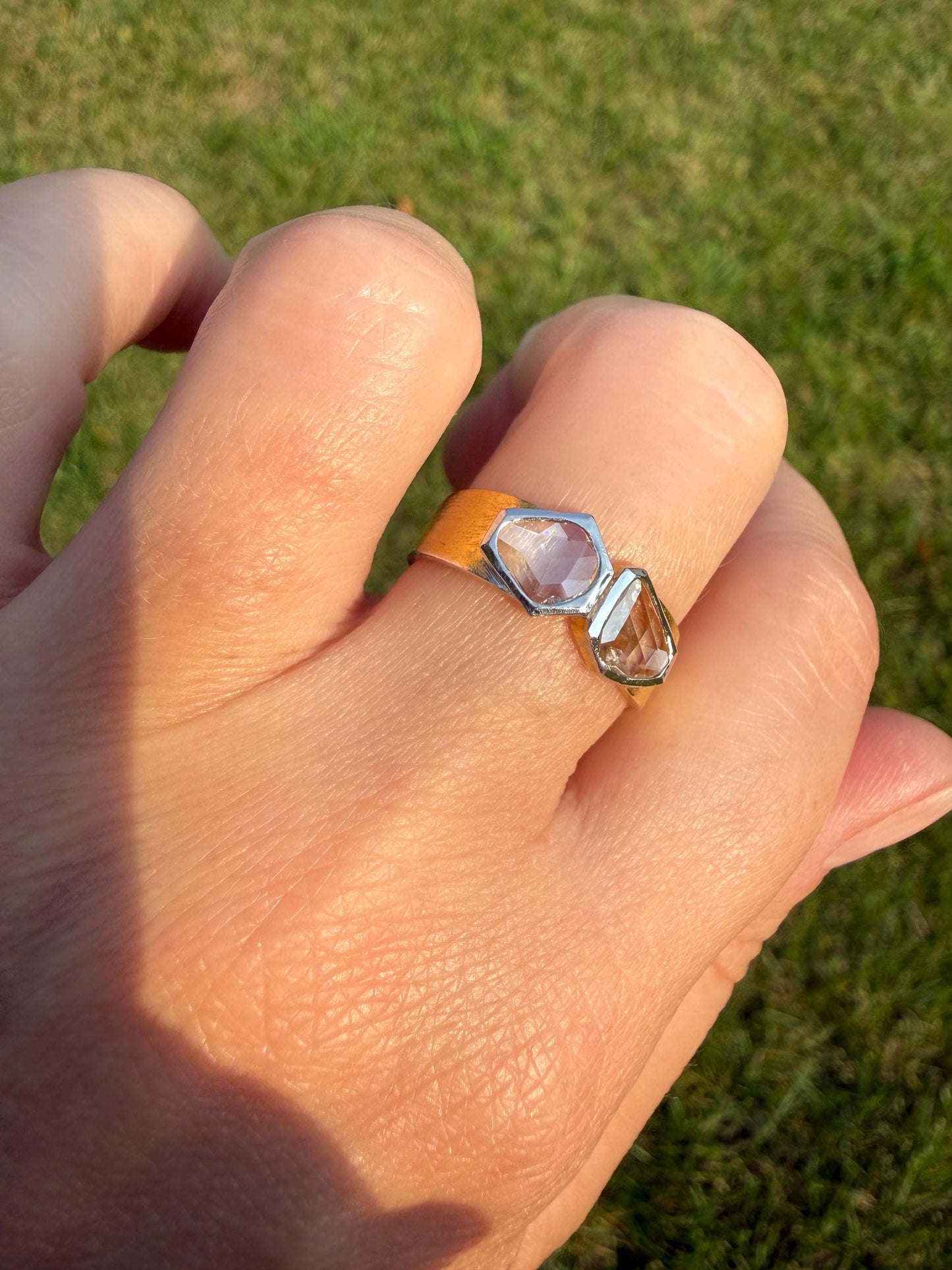 Vintage Hexagon Kite Rose Cut Diamond Cigar Band Ring French Silver Gold Vermeil Bezel Set Unique Shield Lozenge Wide Toi et Moi Geometric