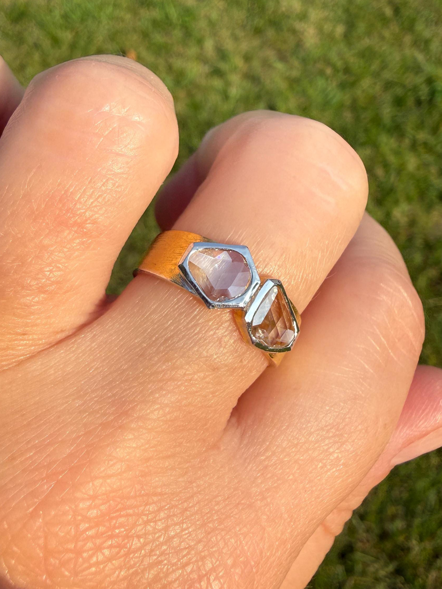 Vintage Hexagon Kite Rose Cut Diamond Cigar Band Ring French Silver Gold Vermeil Bezel Set Unique Shield Lozenge Wide Toi et Moi Geometric