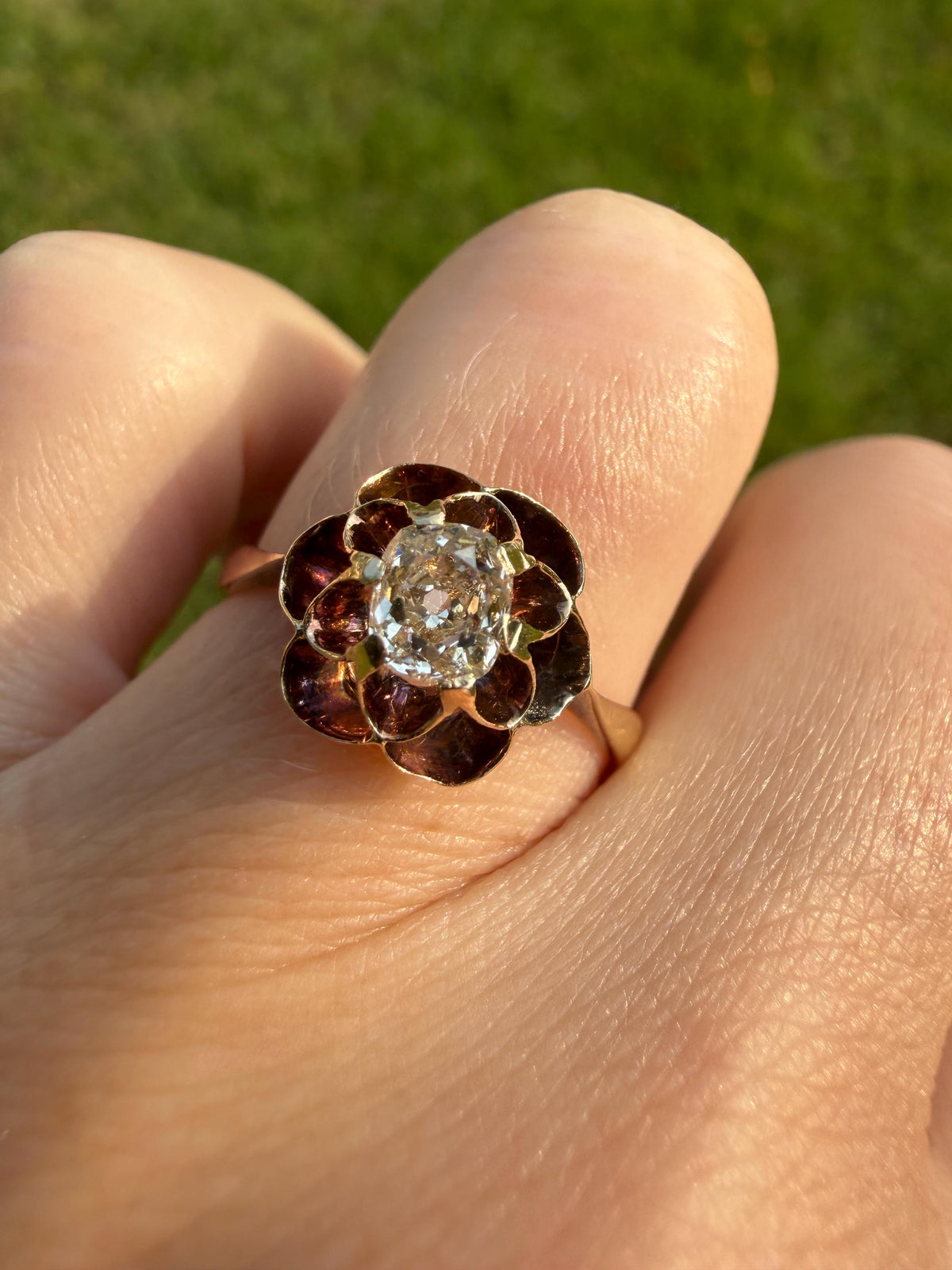 French VICTORIAN 18k Gold Buttercup Ring Old MINE Cut DIAMOND Ring Engagement Solitaire Ornate Antique Stacker Romantic Gift