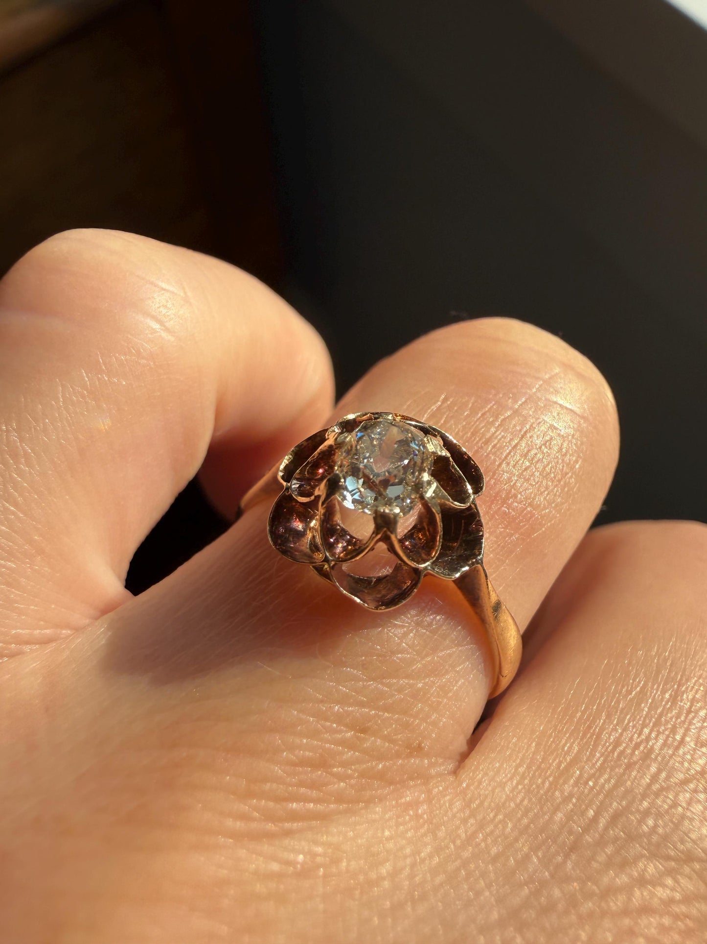 French VICTORIAN 18k Gold Buttercup Ring Old MINE Cut DIAMOND Ring Engagement Solitaire Ornate Antique Stacker Romantic Gift