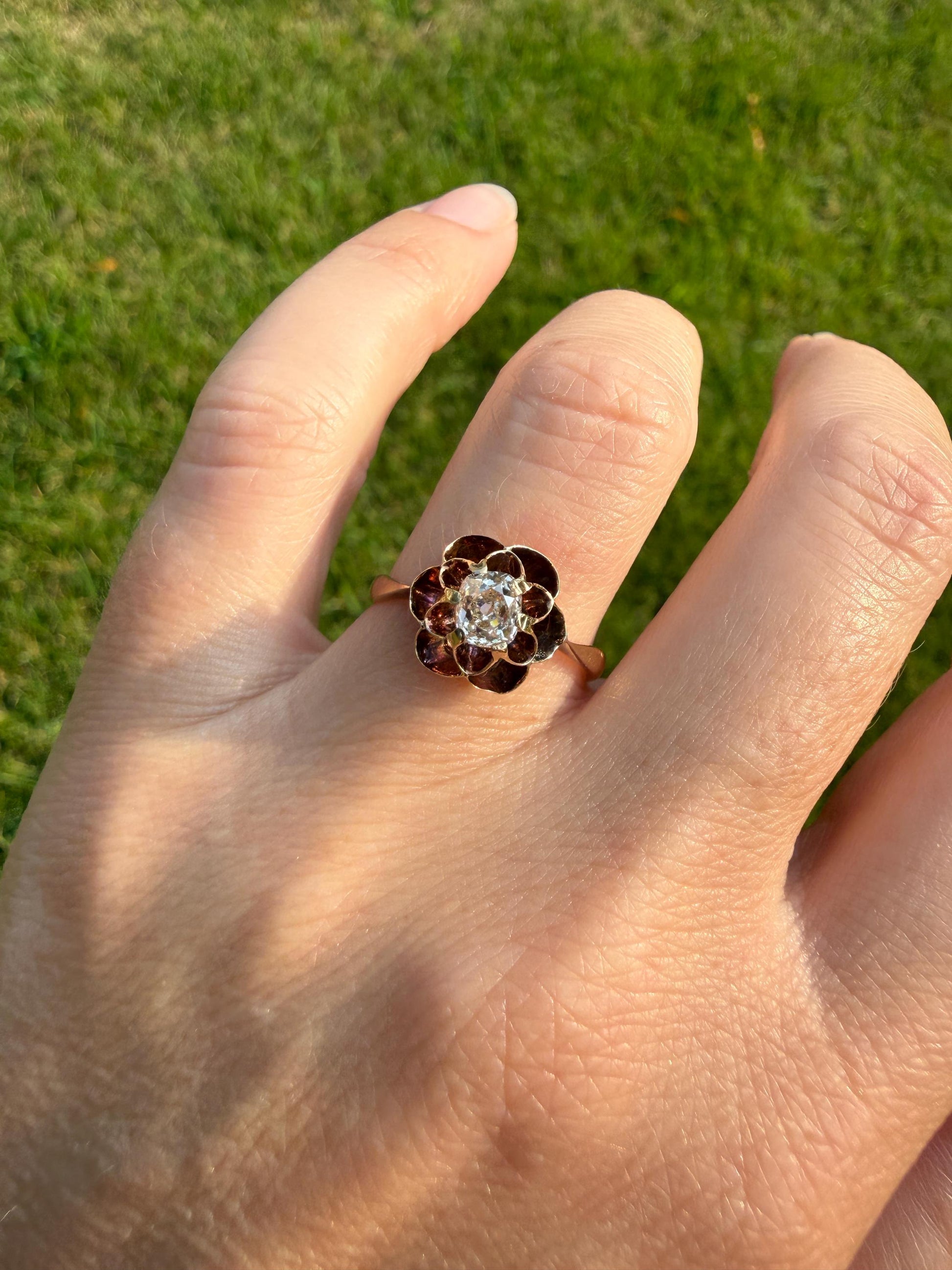 French VICTORIAN 18k Gold Buttercup Ring Old MINE Cut DIAMOND Ring Engagement Solitaire Ornate Antique Stacker Romantic Gift