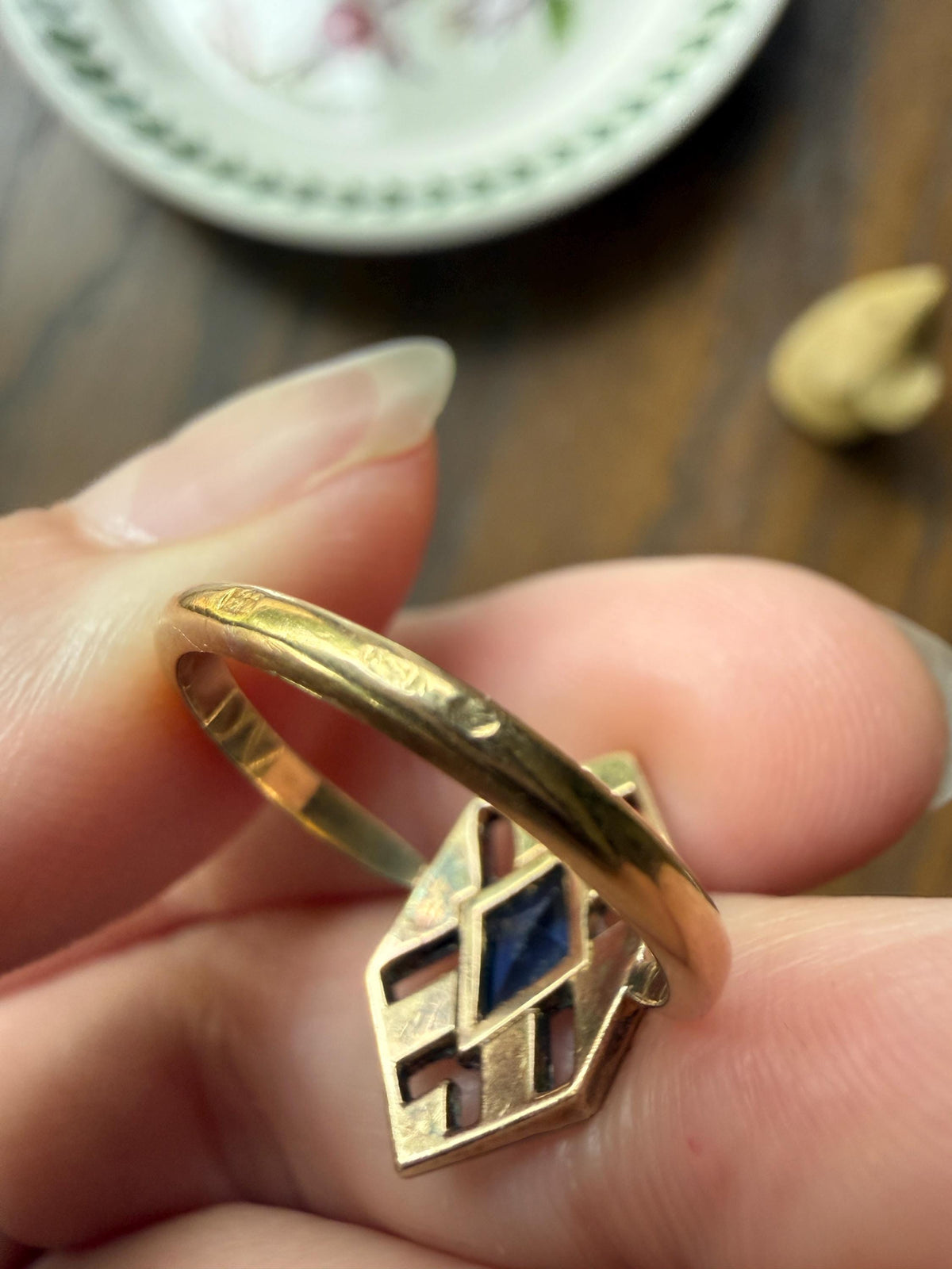 HEXAGON Antique 18k Gold Silver French Art Deco Ring Blue Paste Sapphire White Faux Diamond Geometric Stacker Panel Lozenge