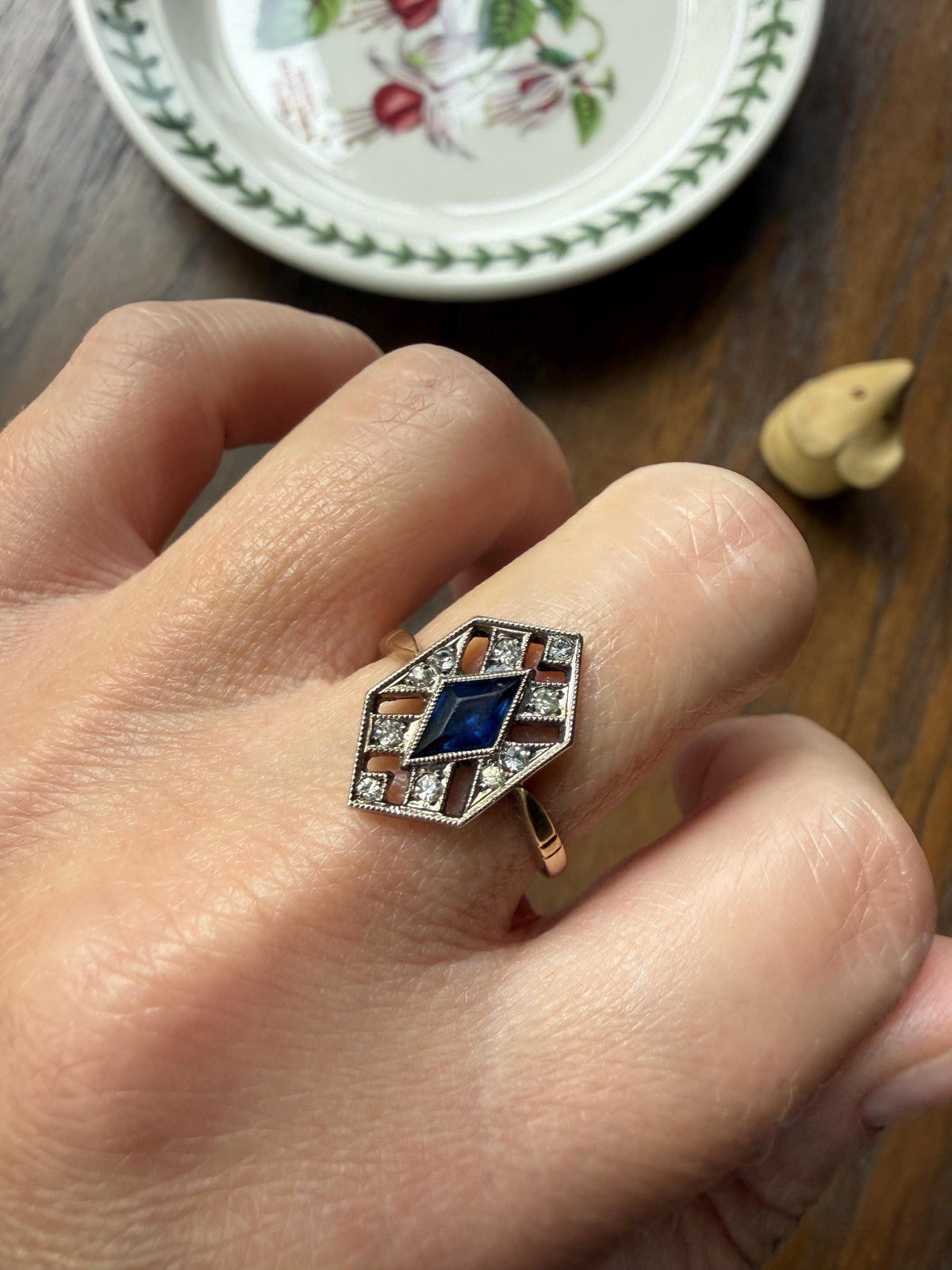 HEXAGON Antique 18k Gold Silver French Art Deco Ring Blue Paste Sapphire White Faux Diamond Geometric Stacker Panel Lozenge