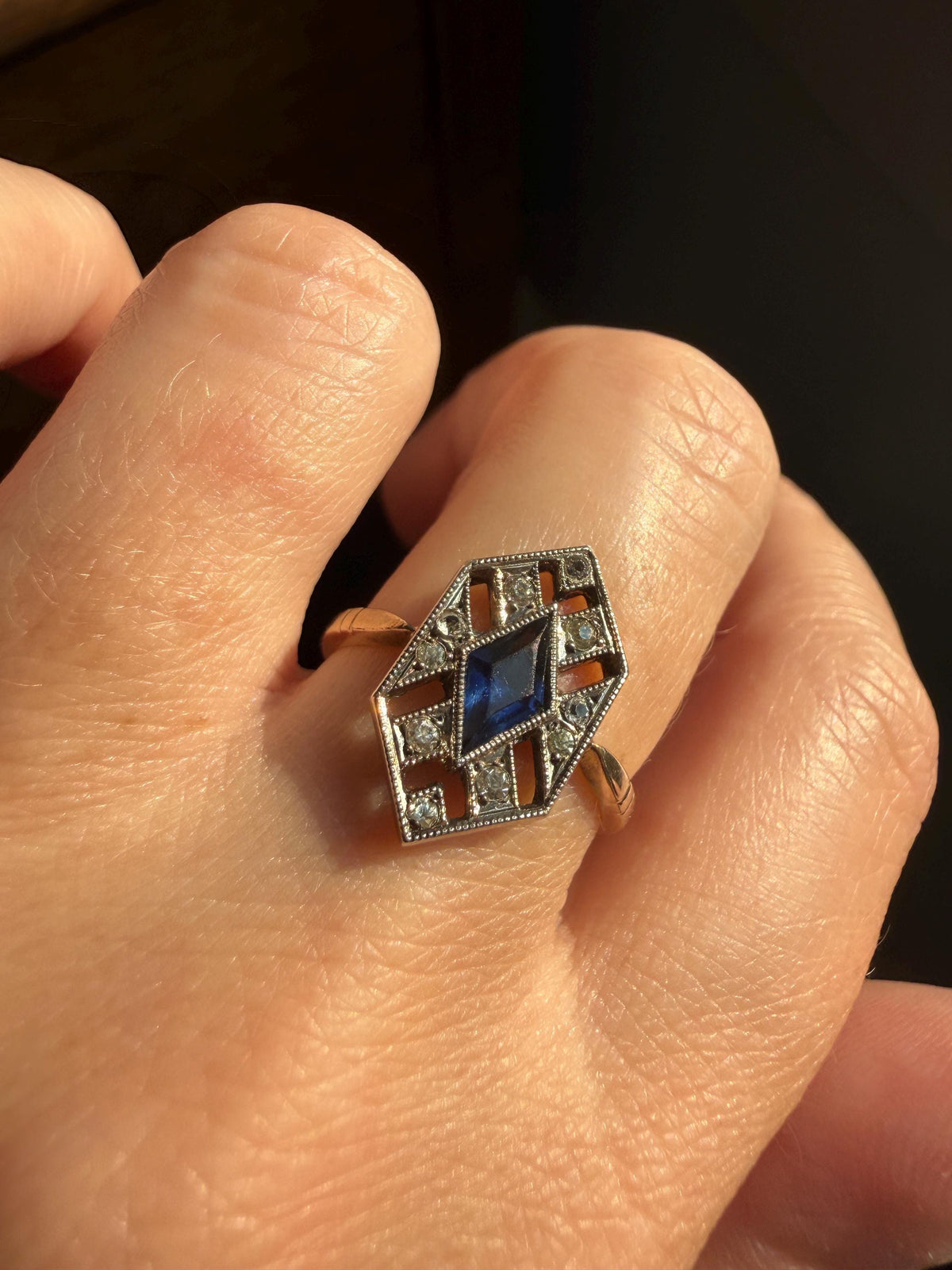 HEXAGON Antique 18k Gold Silver French Art Deco Ring Blue Paste Sapphire White Faux Diamond Geometric Stacker Panel Lozenge
