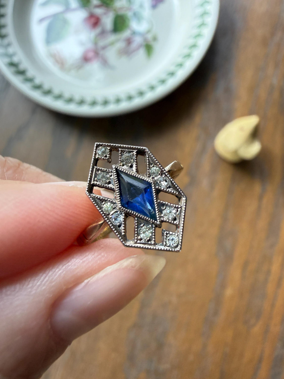 HEXAGON Antique 18k Gold Silver French Art Deco Ring Blue Paste Sapphire White Faux Diamond Geometric Stacker Panel Lozenge
