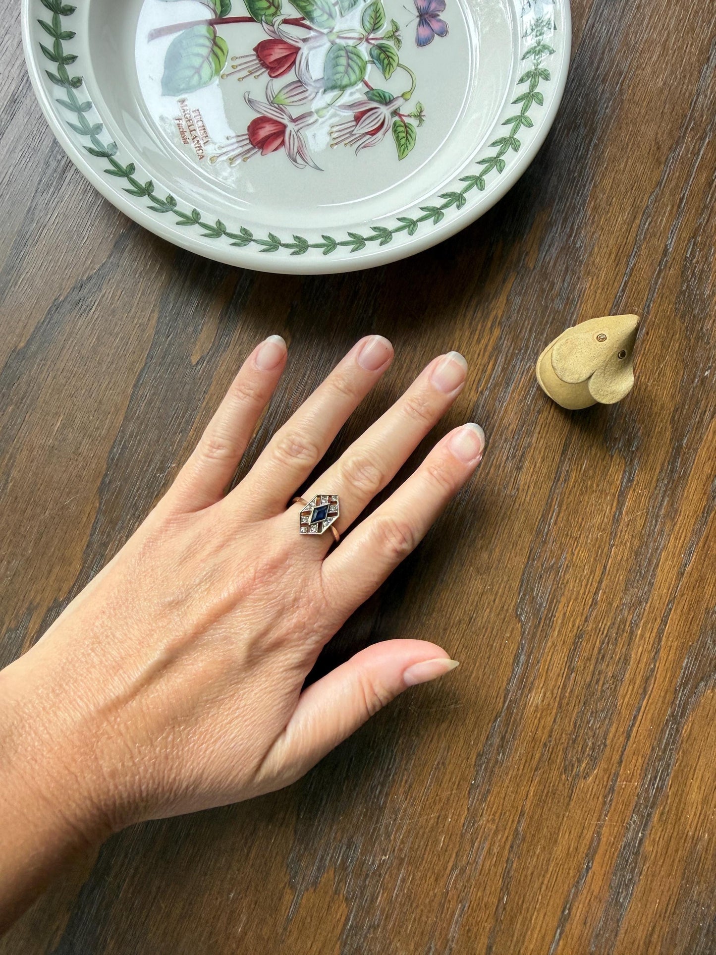 HEXAGON Antique 18k Gold Silver French Art Deco Ring Blue Paste Sapphire White Faux Diamond Geometric Stacker Panel Lozenge
