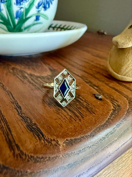 HEXAGON Antique 18k Gold Silver French Art Deco Ring Blue Paste Sapphire White Faux Diamond Geometric Stacker Panel Lozenge