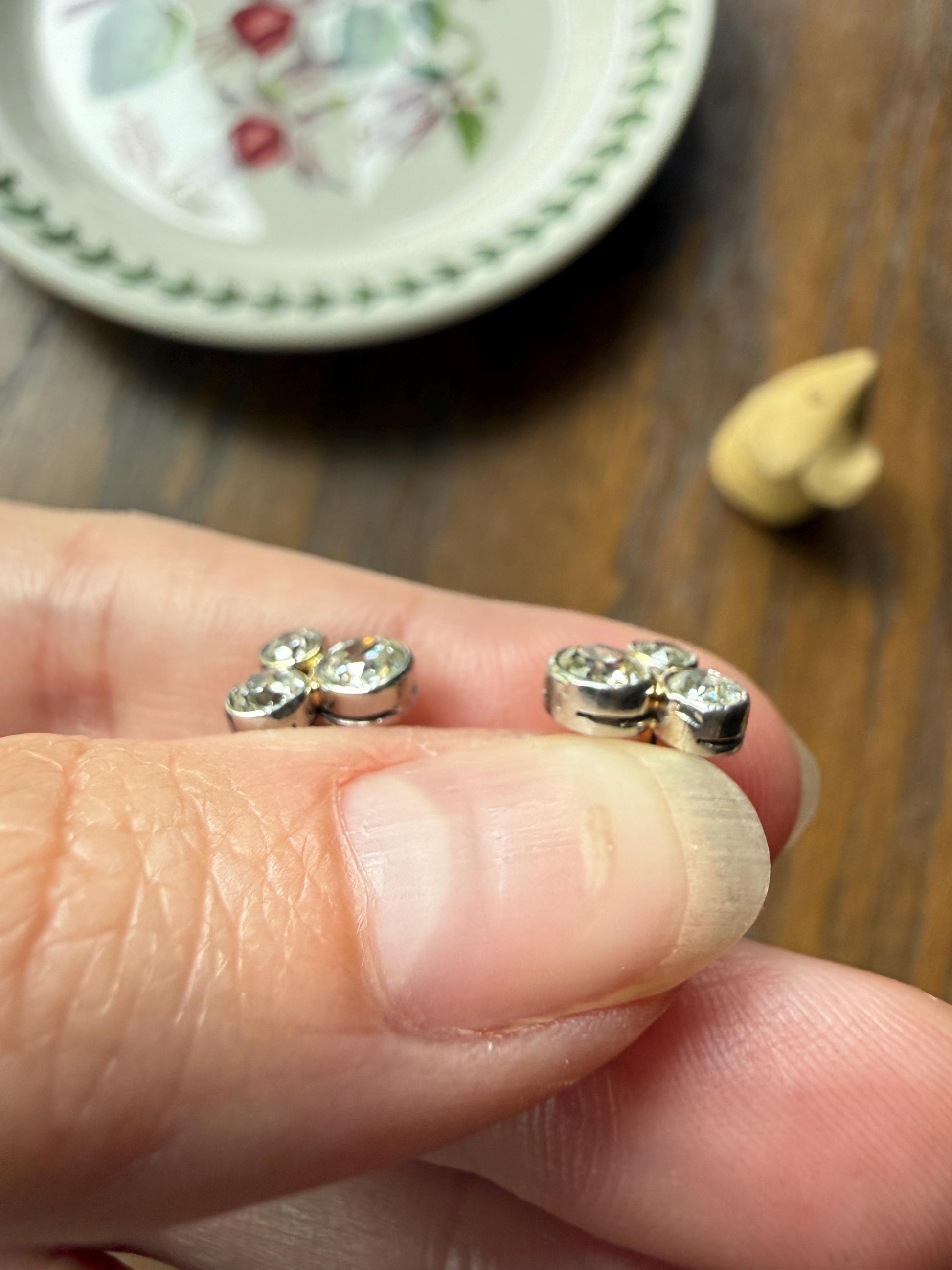 ANTIQUE 1.1 Carat Old Mine Cut DIAMOND Cluster Earrings Trefoil 18k White Gold Platinum Studs Bezel Set 1.1Ctw