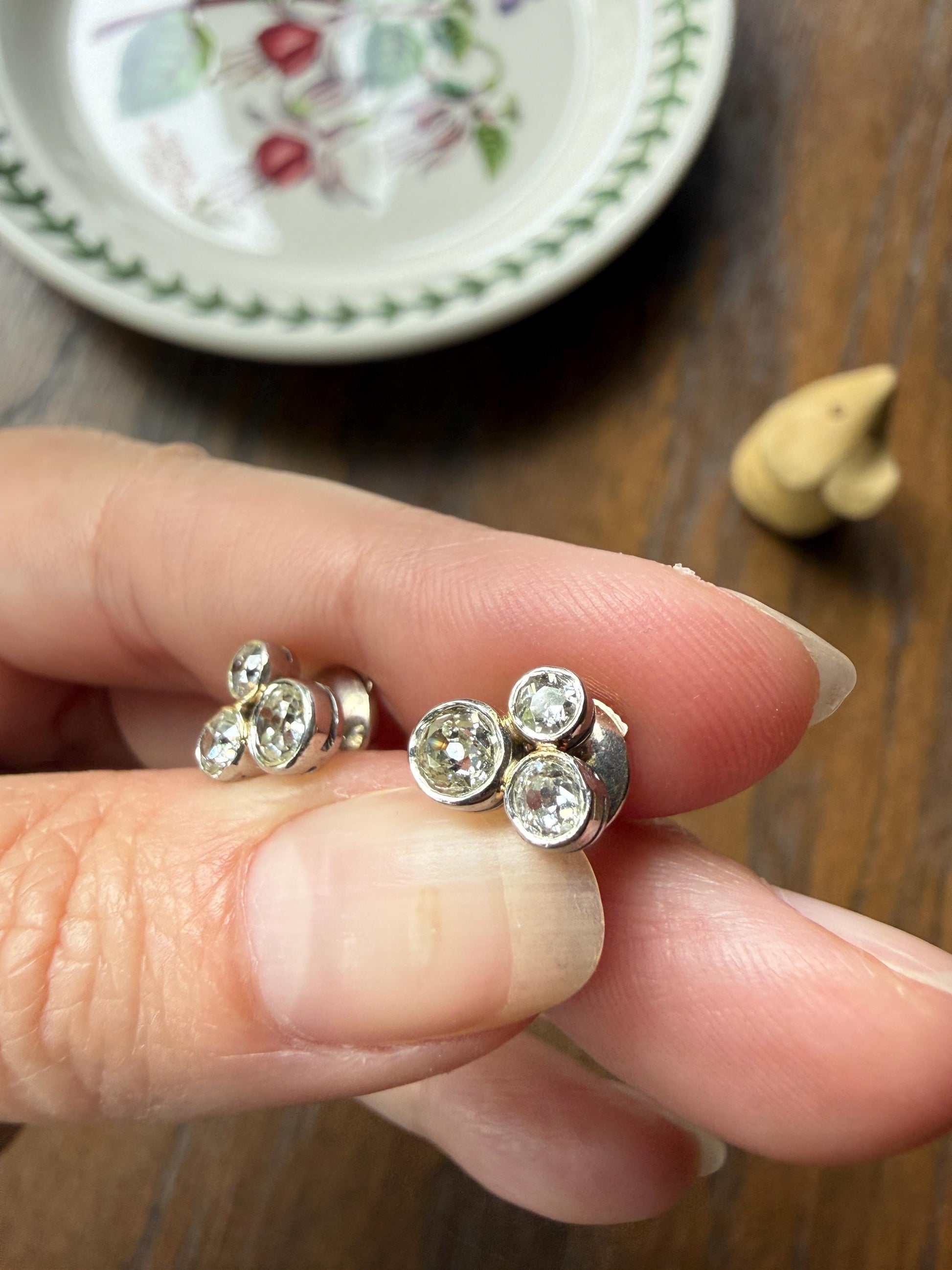 ANTIQUE 1.1 Carat Old Mine Cut DIAMOND Cluster Earrings Trefoil 18k White Gold Platinum Studs Bezel Set 1.1Ctw