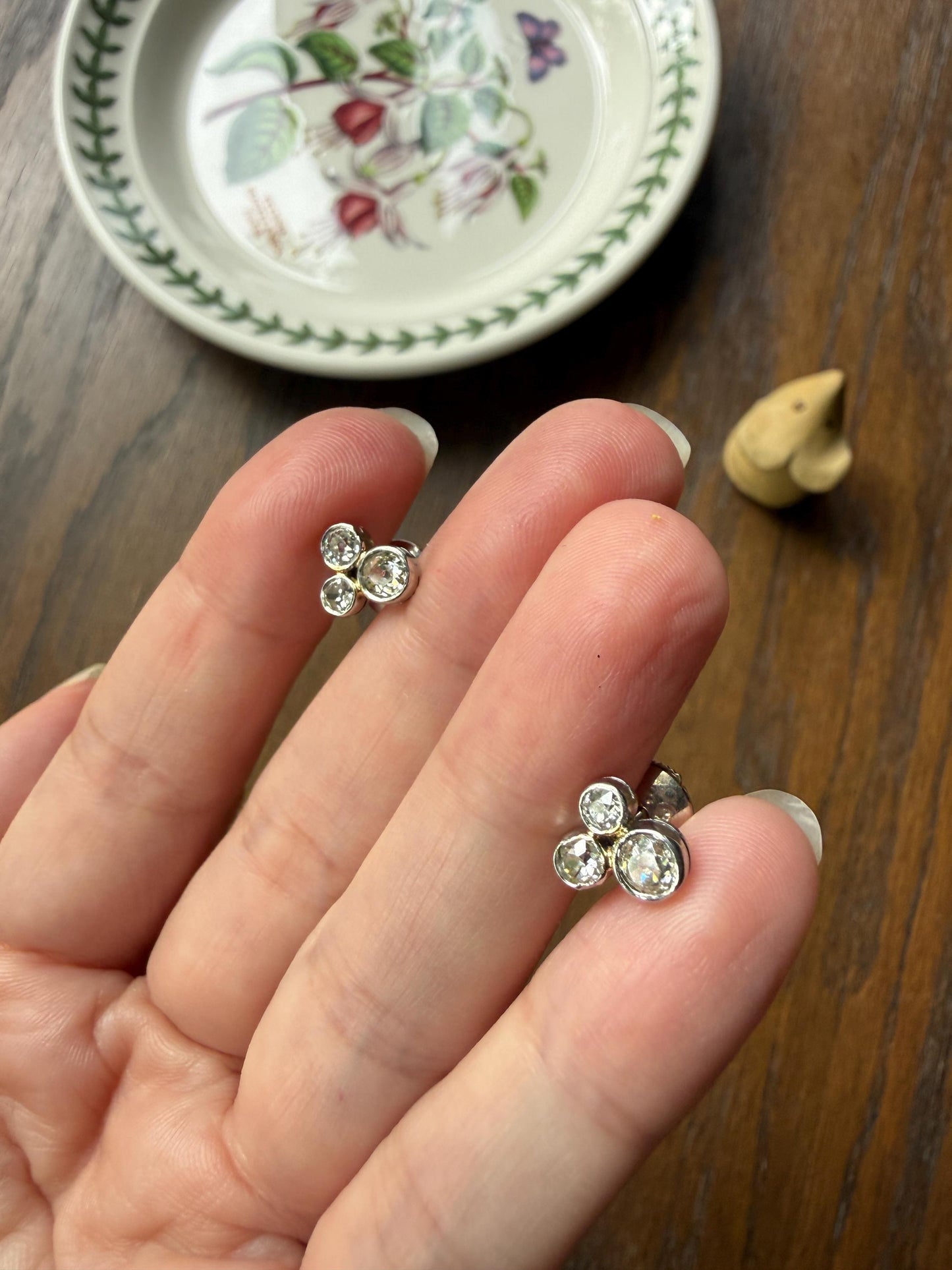ANTIQUE 1.1 Carat Old Mine Cut DIAMOND Cluster Earrings Trefoil 18k White Gold Platinum Studs Bezel Set 1.1Ctw