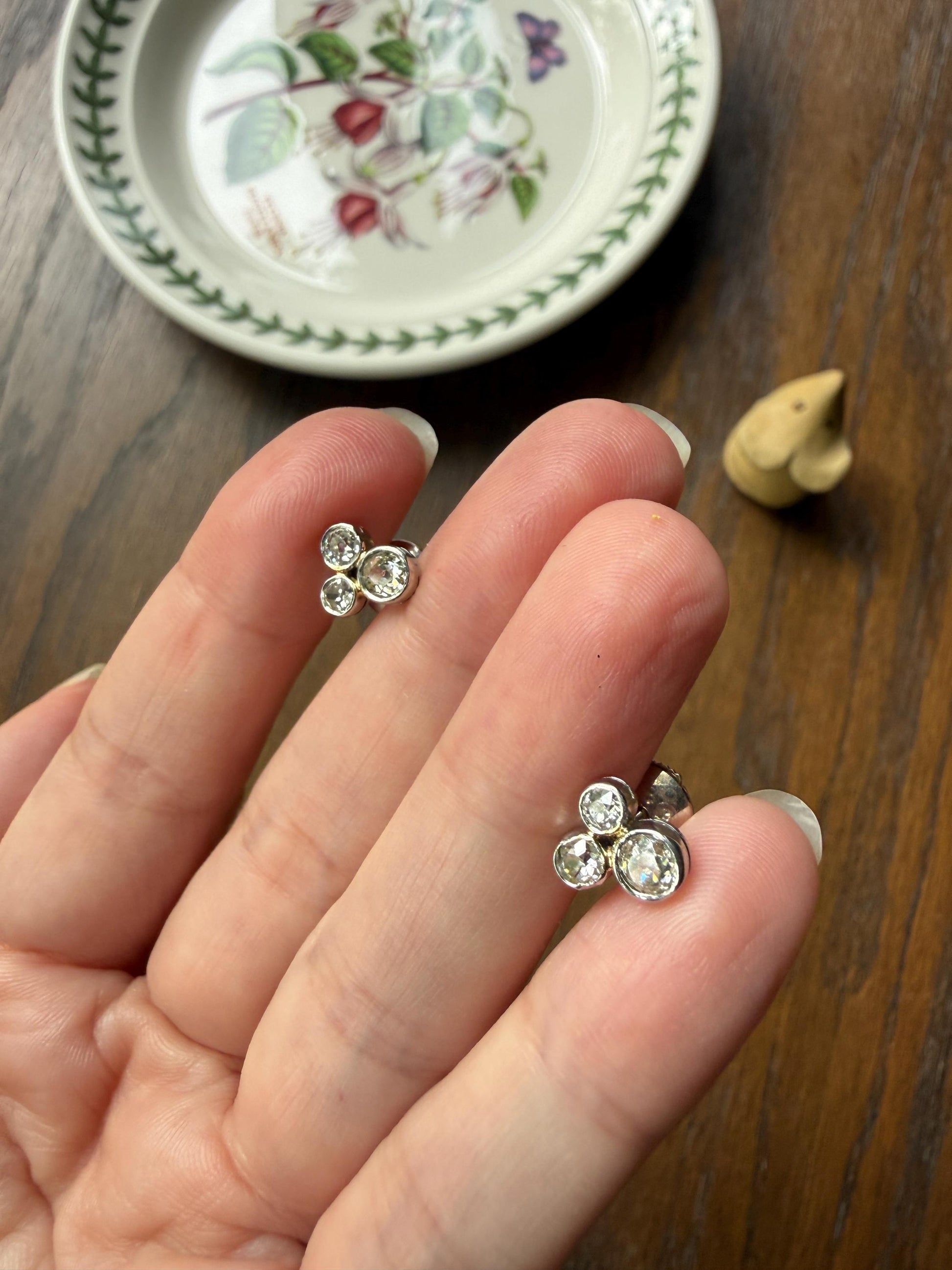 ANTIQUE 1.1 Carat Old Mine Cut DIAMOND Cluster Earrings Trefoil 18k White Gold Platinum Studs Bezel Set 1.1Ctw
