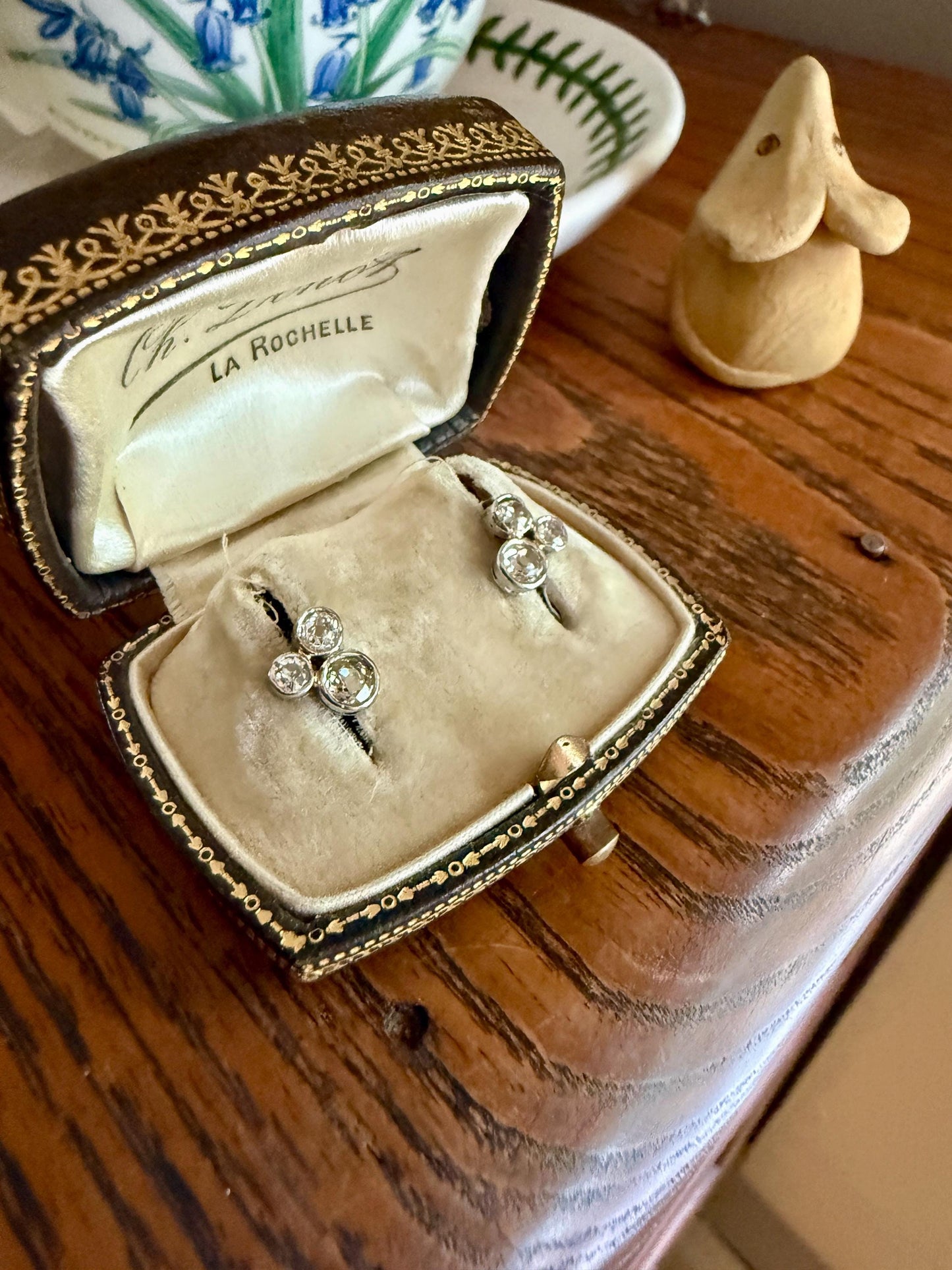ANTIQUE 1.1 Carat Old Mine Cut DIAMOND Cluster Earrings Trefoil 18k White Gold Platinum Studs Bezel Set 1.1Ctw