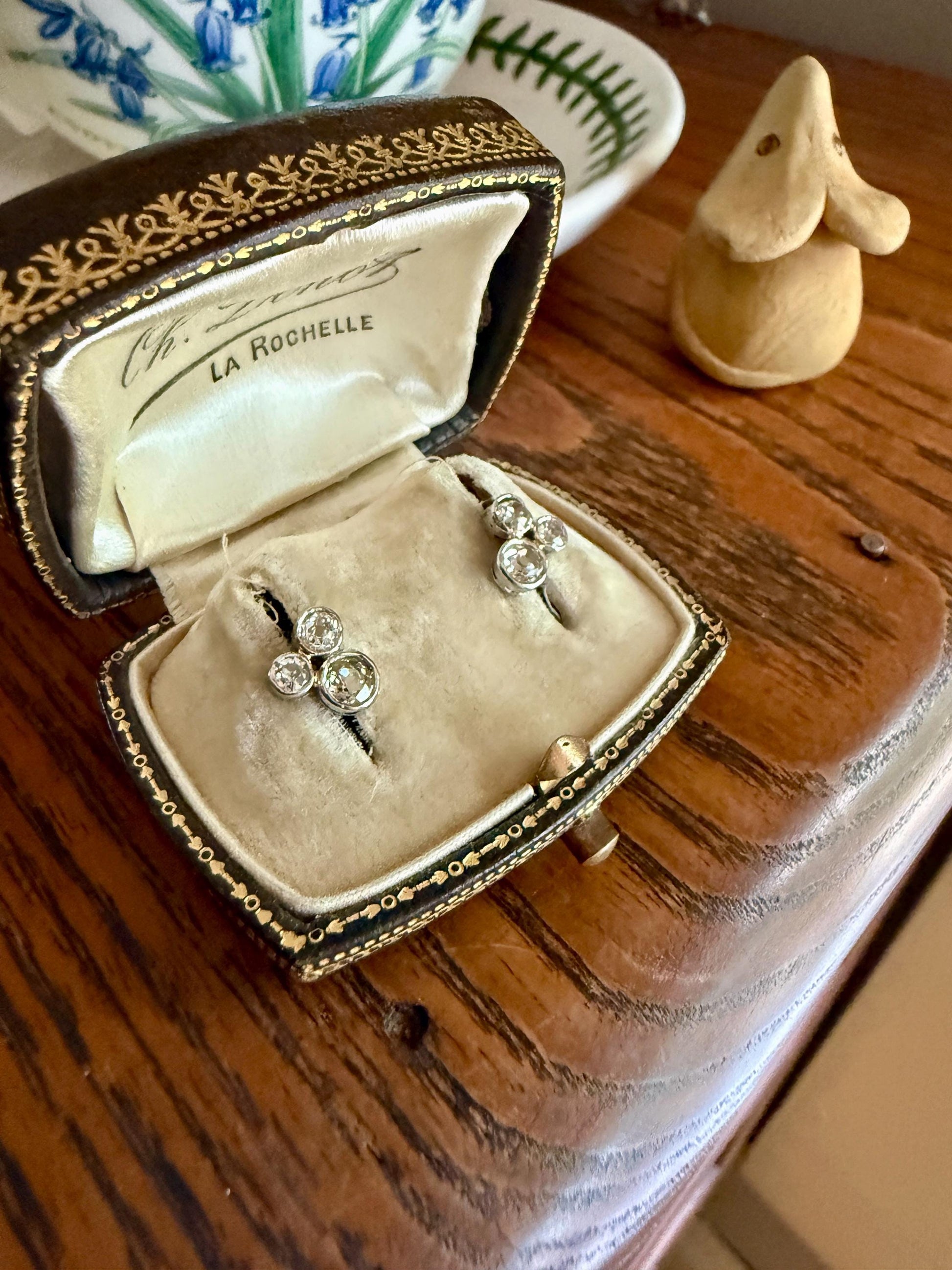 ANTIQUE 1.1 Carat Old Mine Cut DIAMOND Cluster Earrings Trefoil 18k White Gold Platinum Studs Bezel Set 1.1Ctw