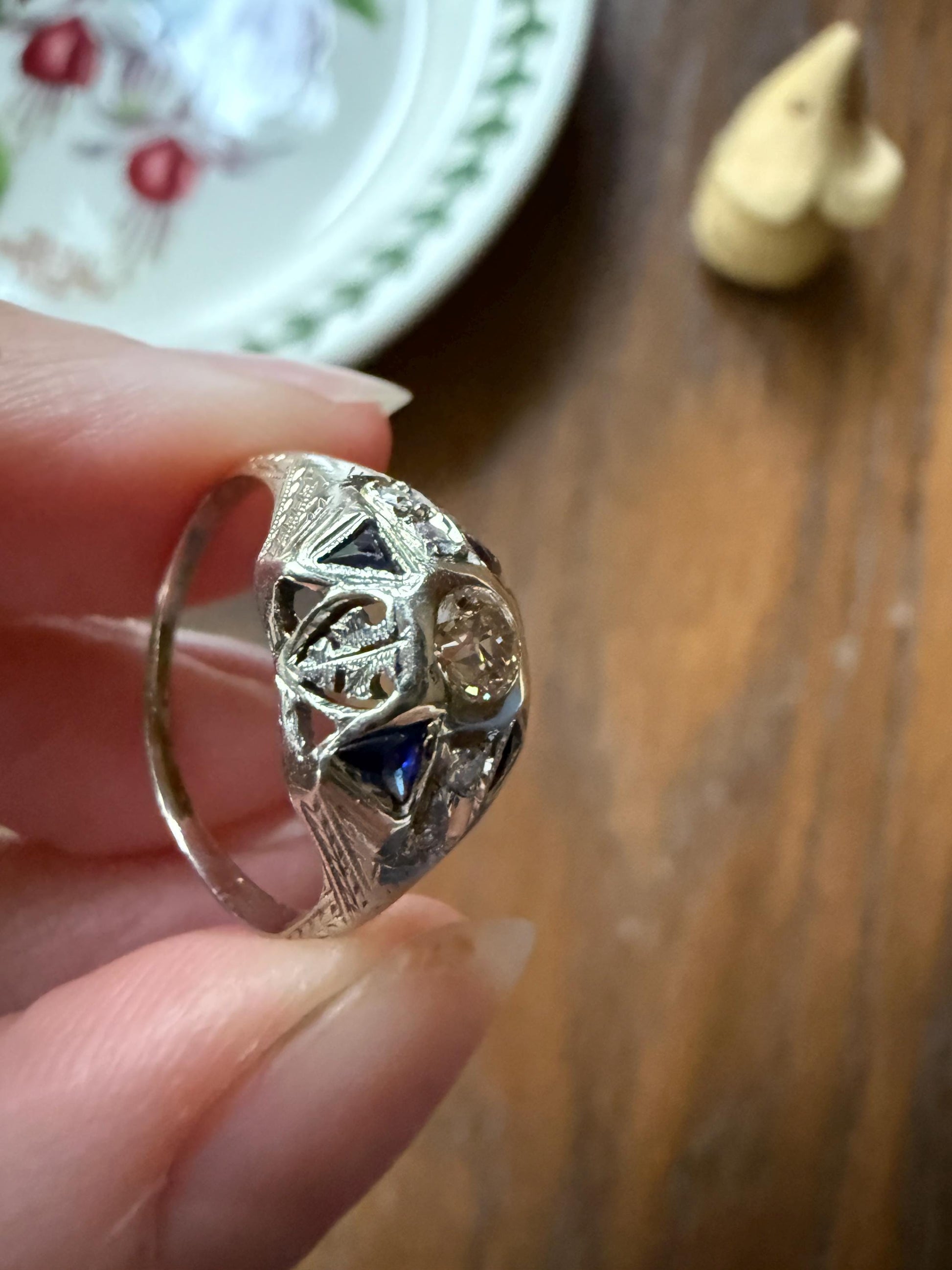 Champagne Old Mine Cut Diamond Triangle Cut Sapphire Ornate Art Deco Ring 18k Gold Engraved Domed Stacker