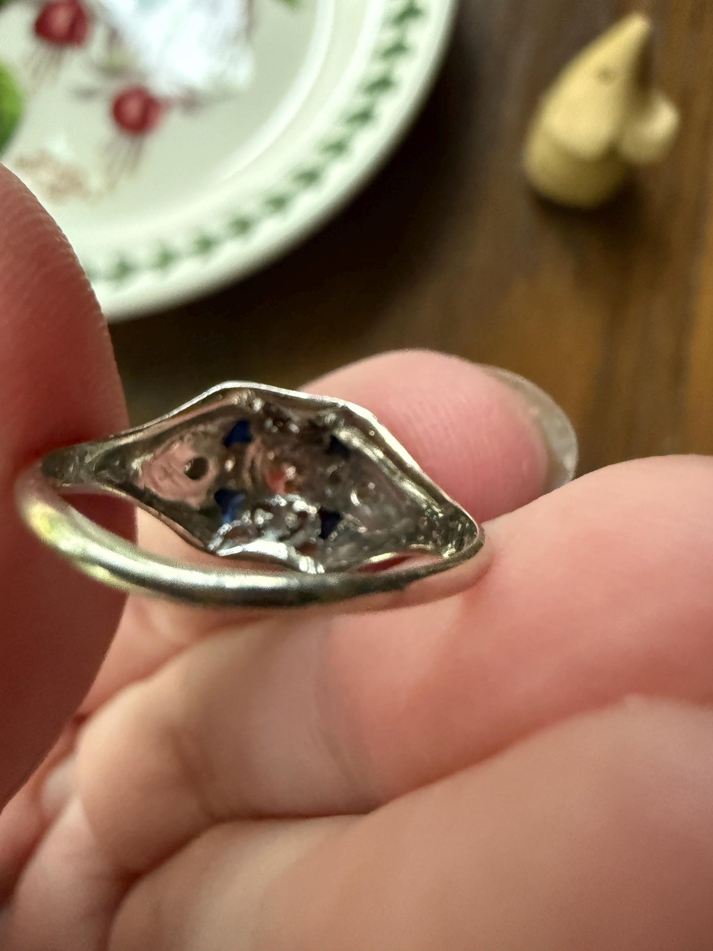Champagne Old Mine Cut Diamond Triangle Cut Sapphire Ornate Art Deco Ring 18k Gold Engraved Domed Stacker