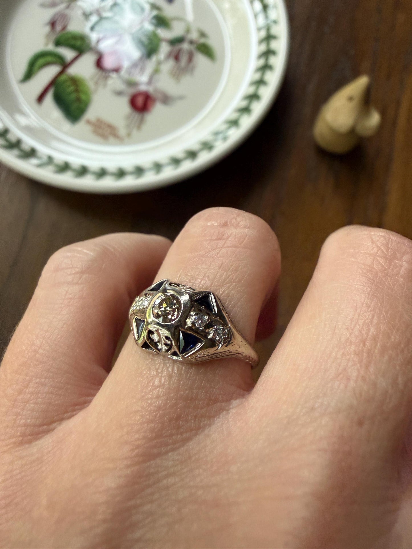 Champagne Old Mine Cut Diamond Triangle Cut Sapphire Ornate Art Deco Ring 18k Gold Engraved Domed Stacker