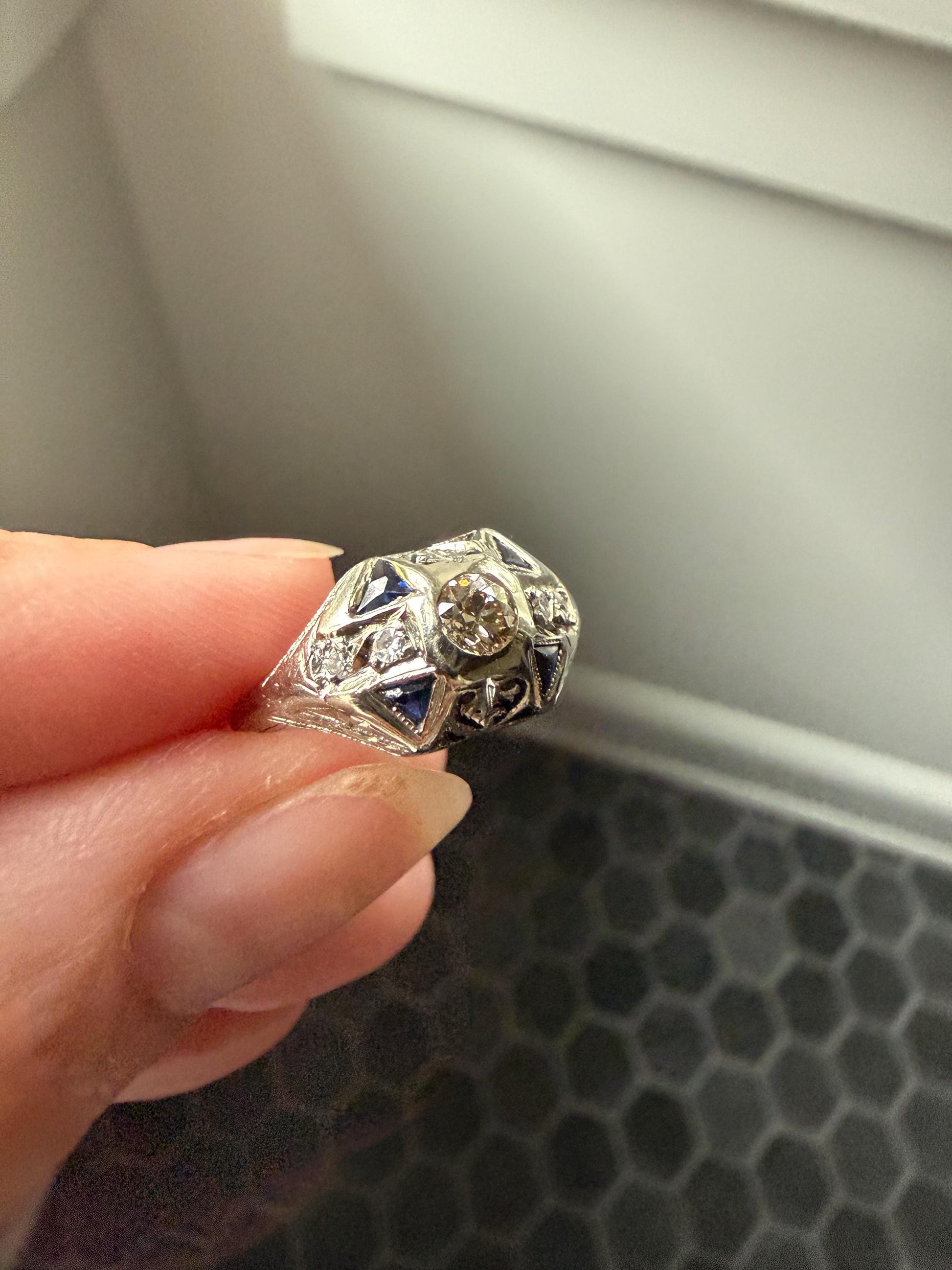 Champagne Old Mine Cut Diamond Triangle Cut Sapphire Ornate Art Deco Ring 18k Gold Engraved Domed Stacker