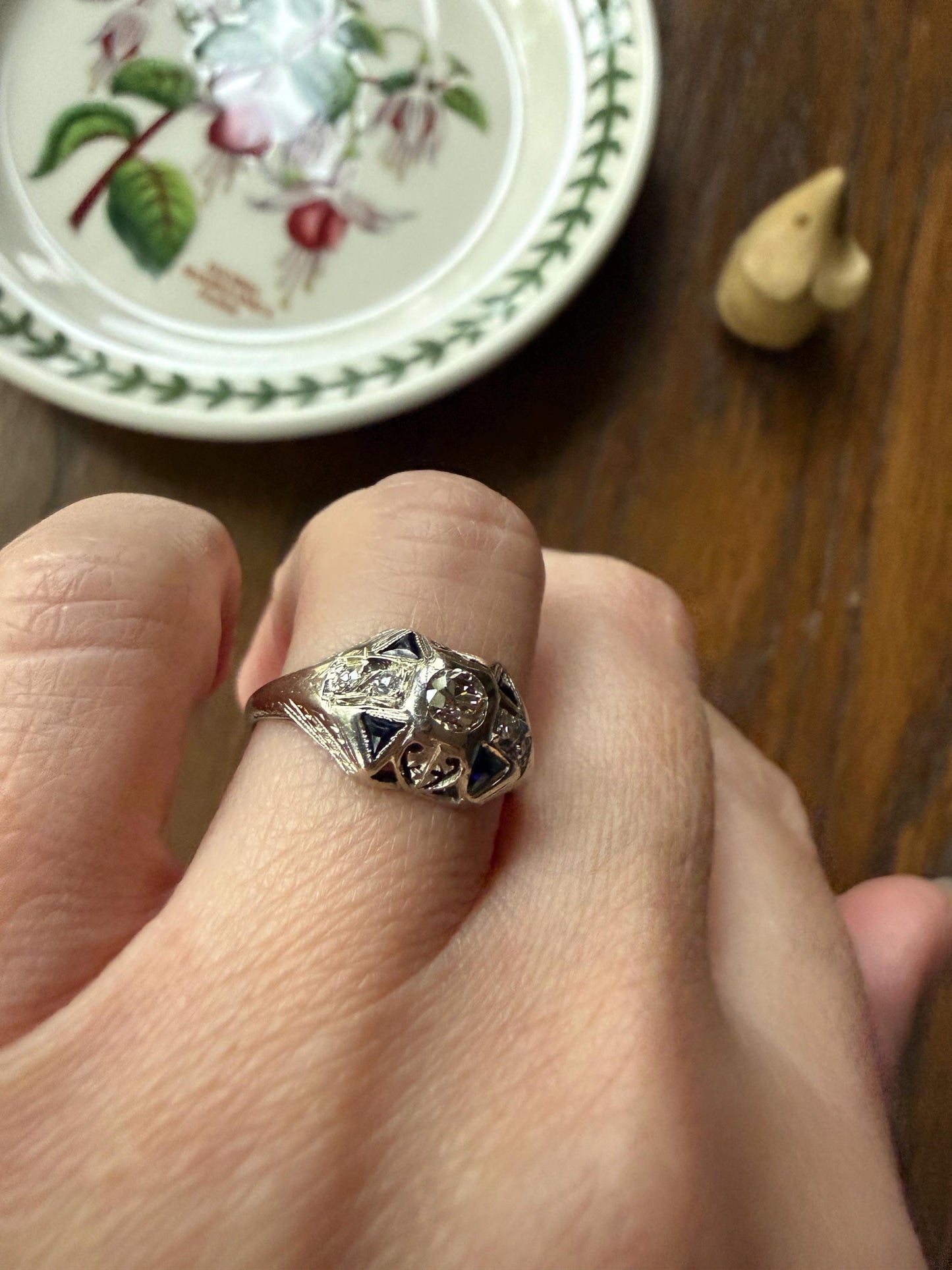Champagne Old Mine Cut Diamond Triangle Cut Sapphire Ornate Art Deco Ring 18k Gold Engraved Domed Stacker
