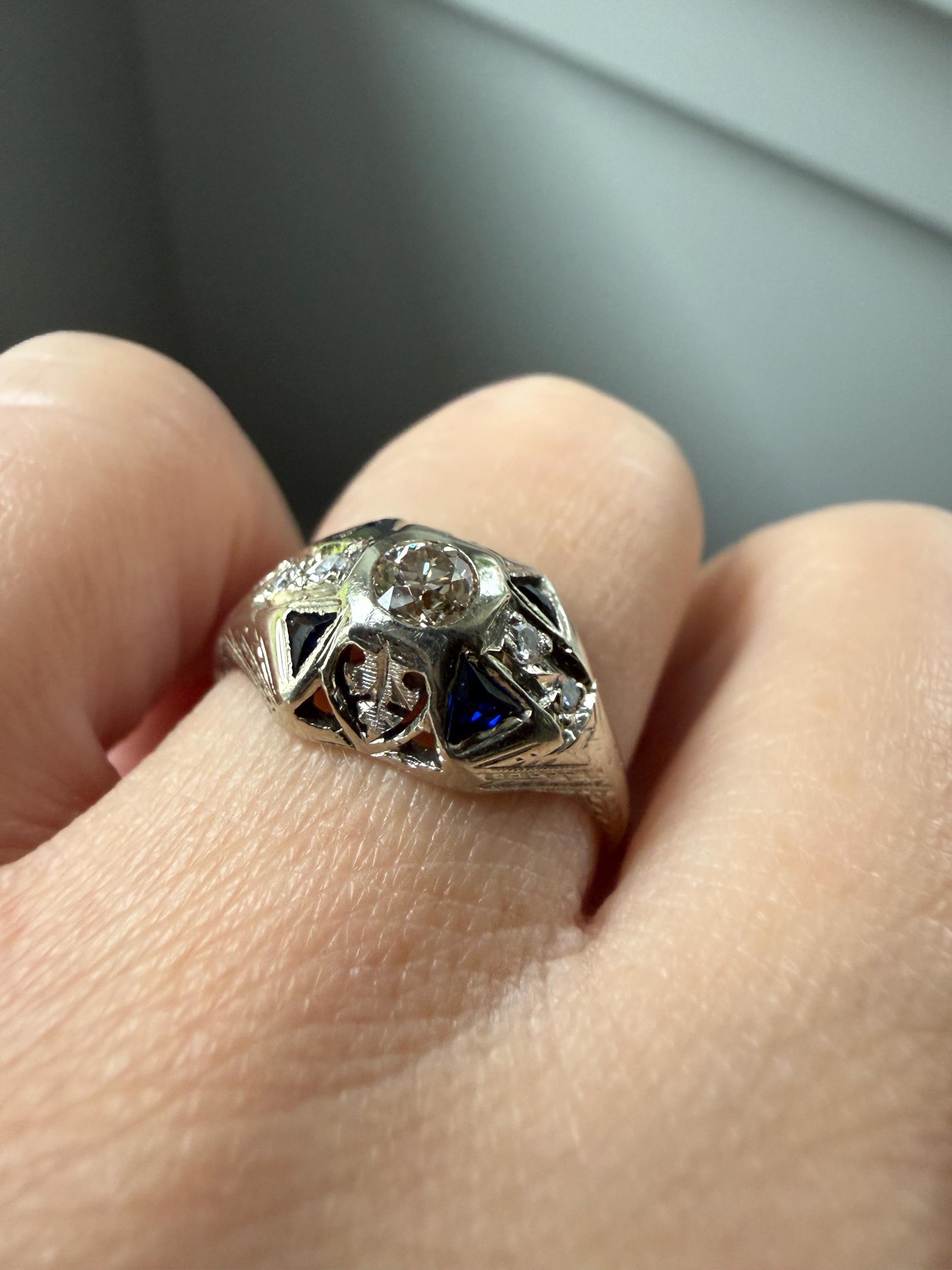 Champagne Old Mine Cut Diamond Triangle Cut Sapphire Ornate Art Deco Ring 18k Gold Engraved Domed Stacker