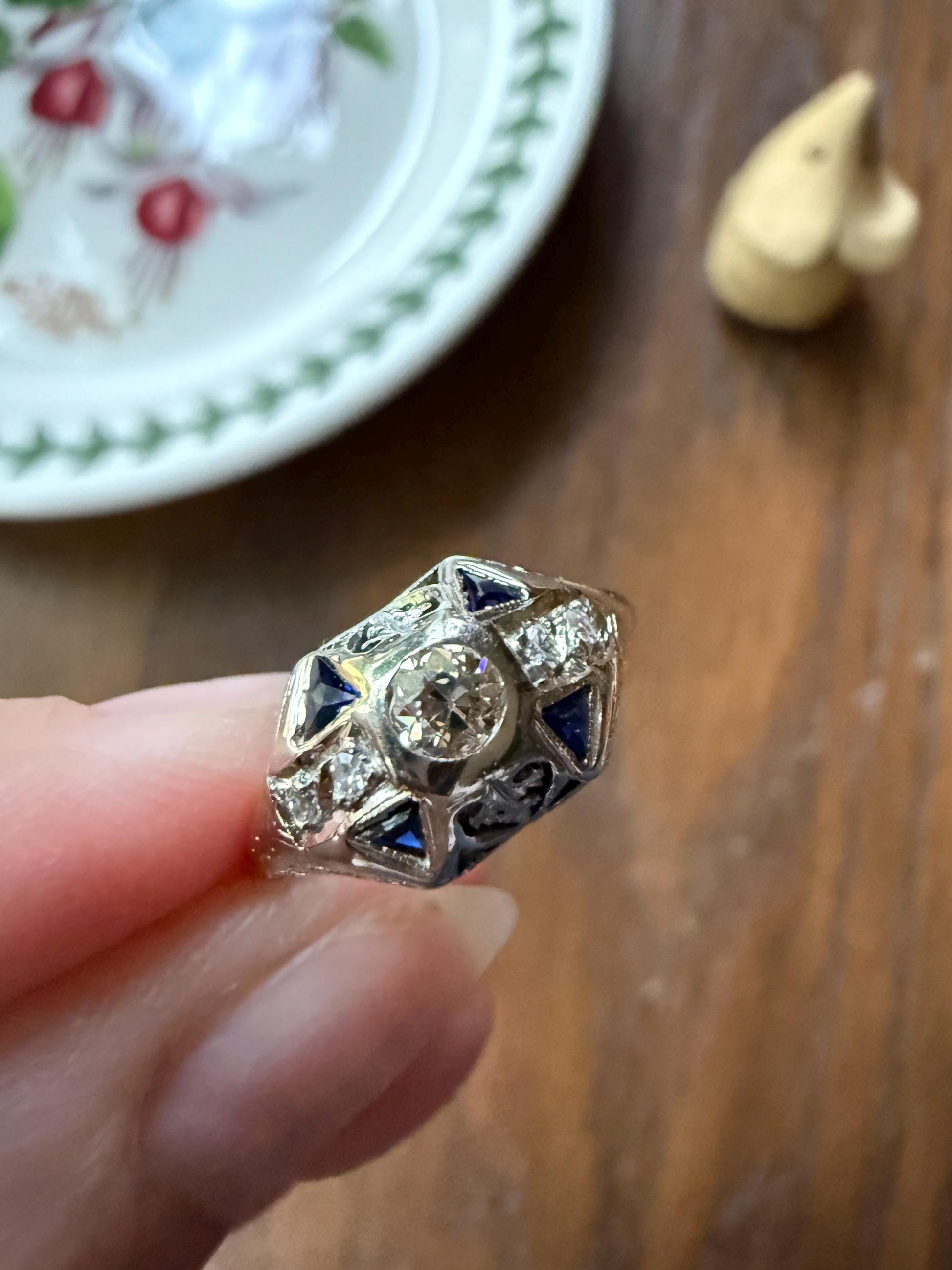 Champagne Old Mine Cut Diamond Triangle Cut Sapphire Ornate Art Deco Ring 18k Gold Engraved Domed Stacker