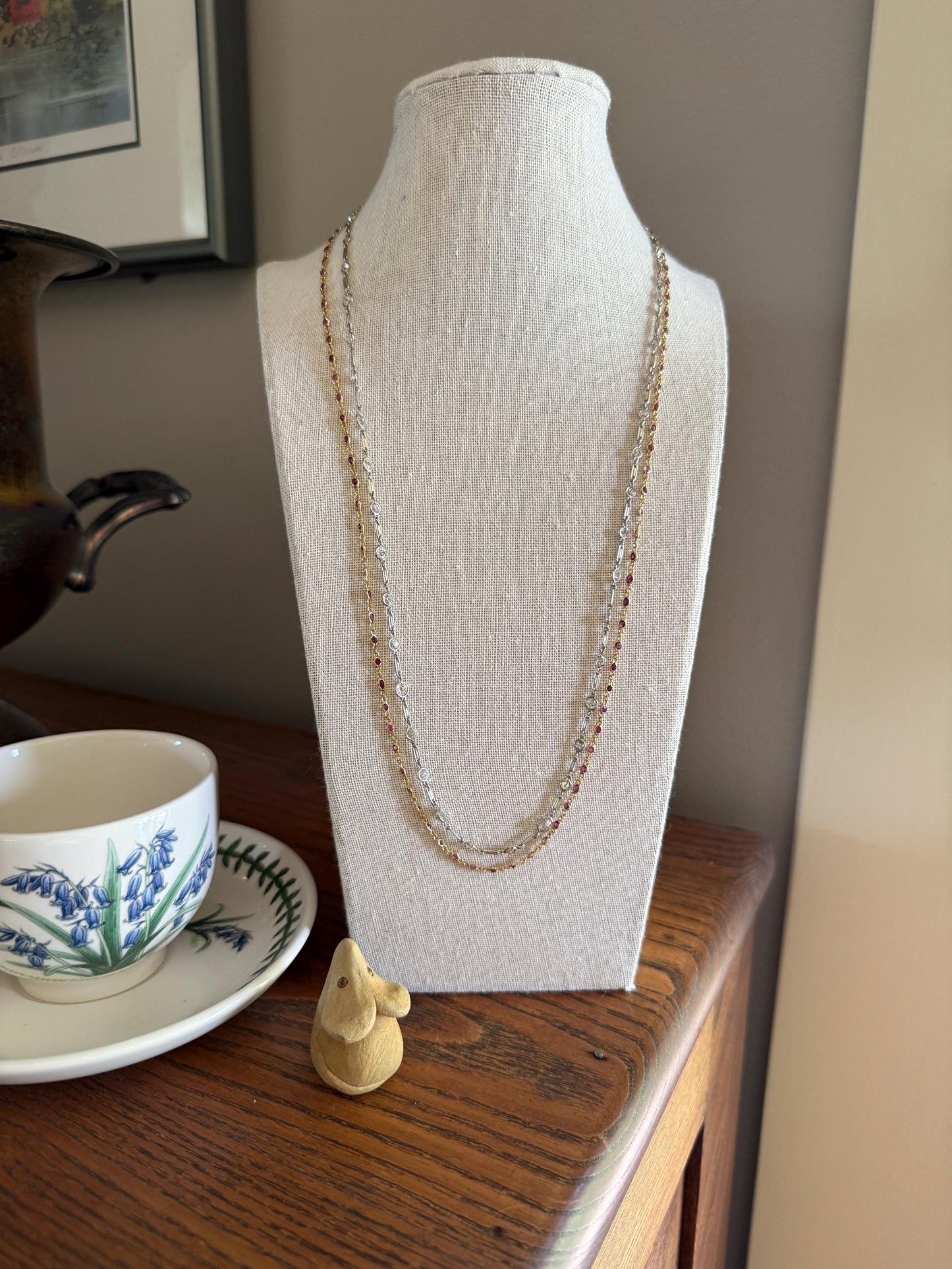 Vintage 88 Natural Ruby Pink Purple Sapphires Bezel Set Eternity Station Chain 14k Gold Necklace 24.5" Long Neckstack