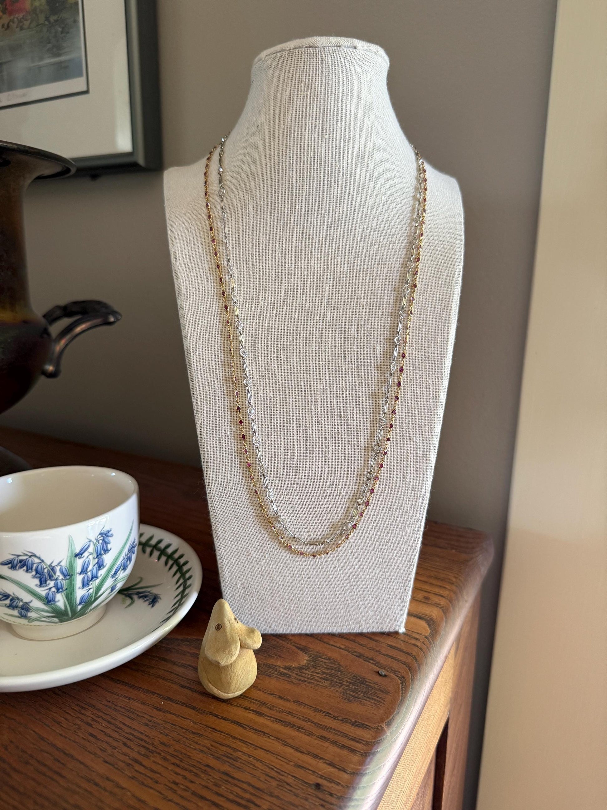 Vintage 88 Natural Ruby Pink Purple Sapphires Bezel Set Eternity Station Chain 14k Gold Necklace 24.5" Long Neckstack